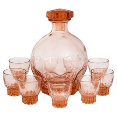 1950s French Rosaline Pink Art Deco Liqueur Decanter Set with Glasses