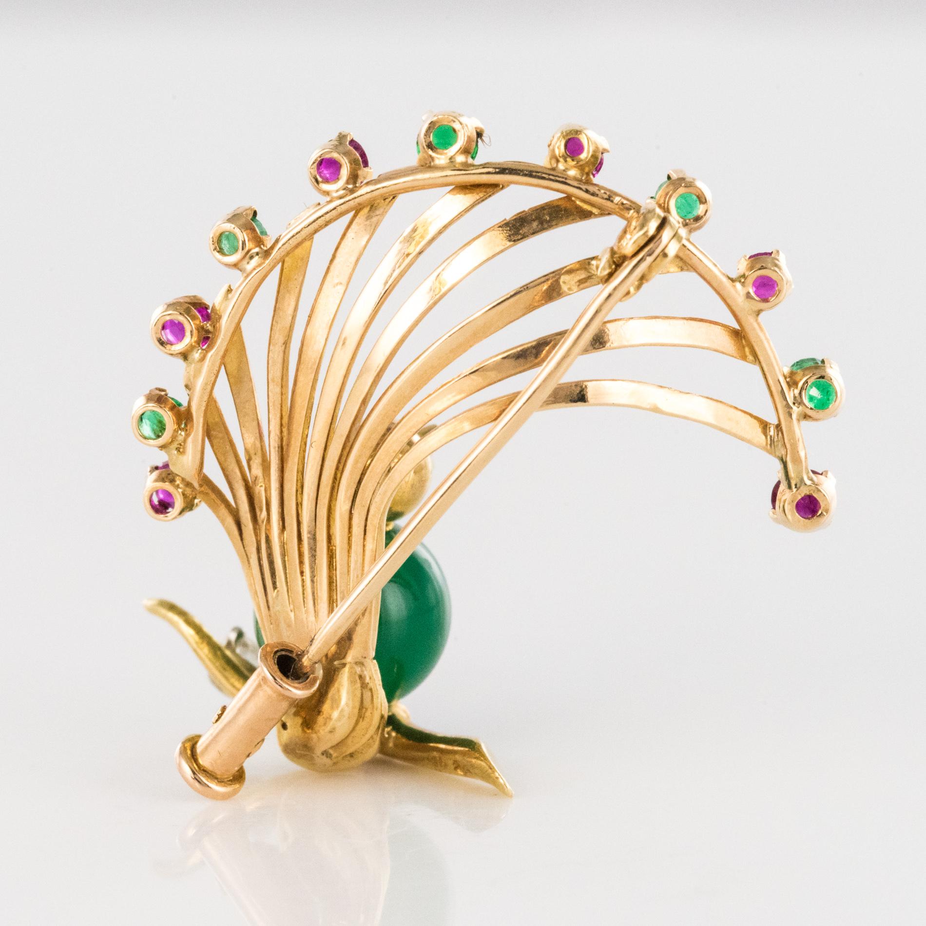 1950s French Ruby Emerald Chrysoprase Diamond 18 Karat Yellow Gold Bird Brooch For Sale 5