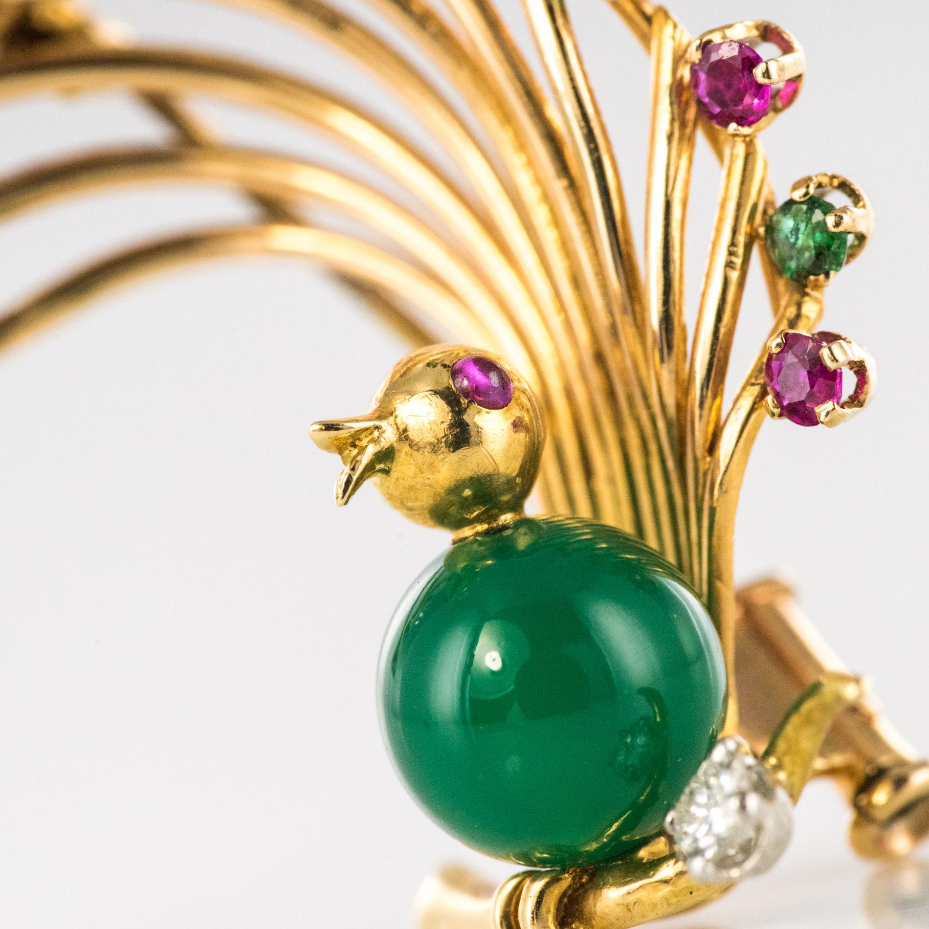 1950s French Ruby Emerald Chrysoprase Diamond 18 Karat Yellow Gold Bird Brooch For Sale 6