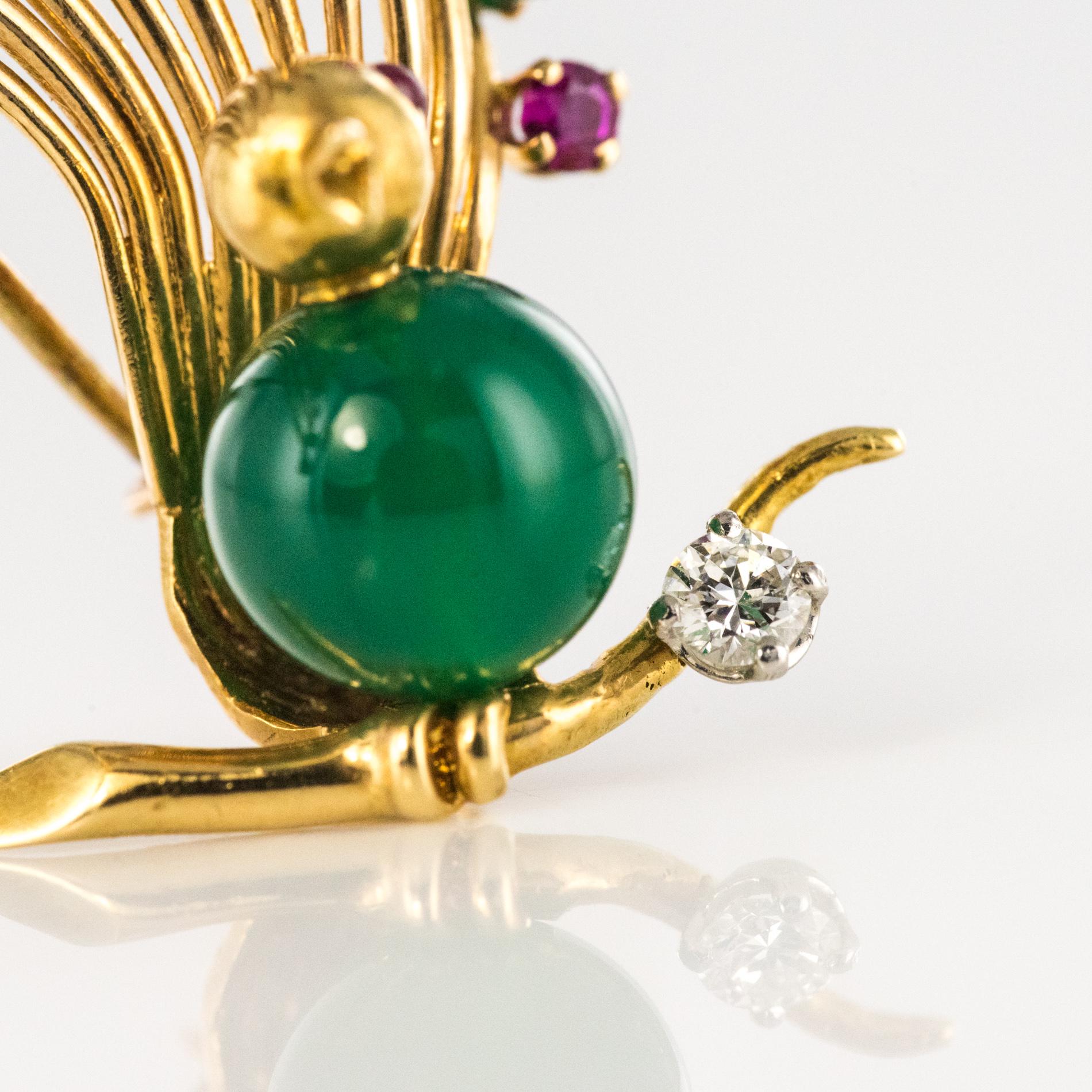 1950s French Ruby Emerald Chrysoprase Diamond 18 Karat Yellow Gold Bird Brooch For Sale 10