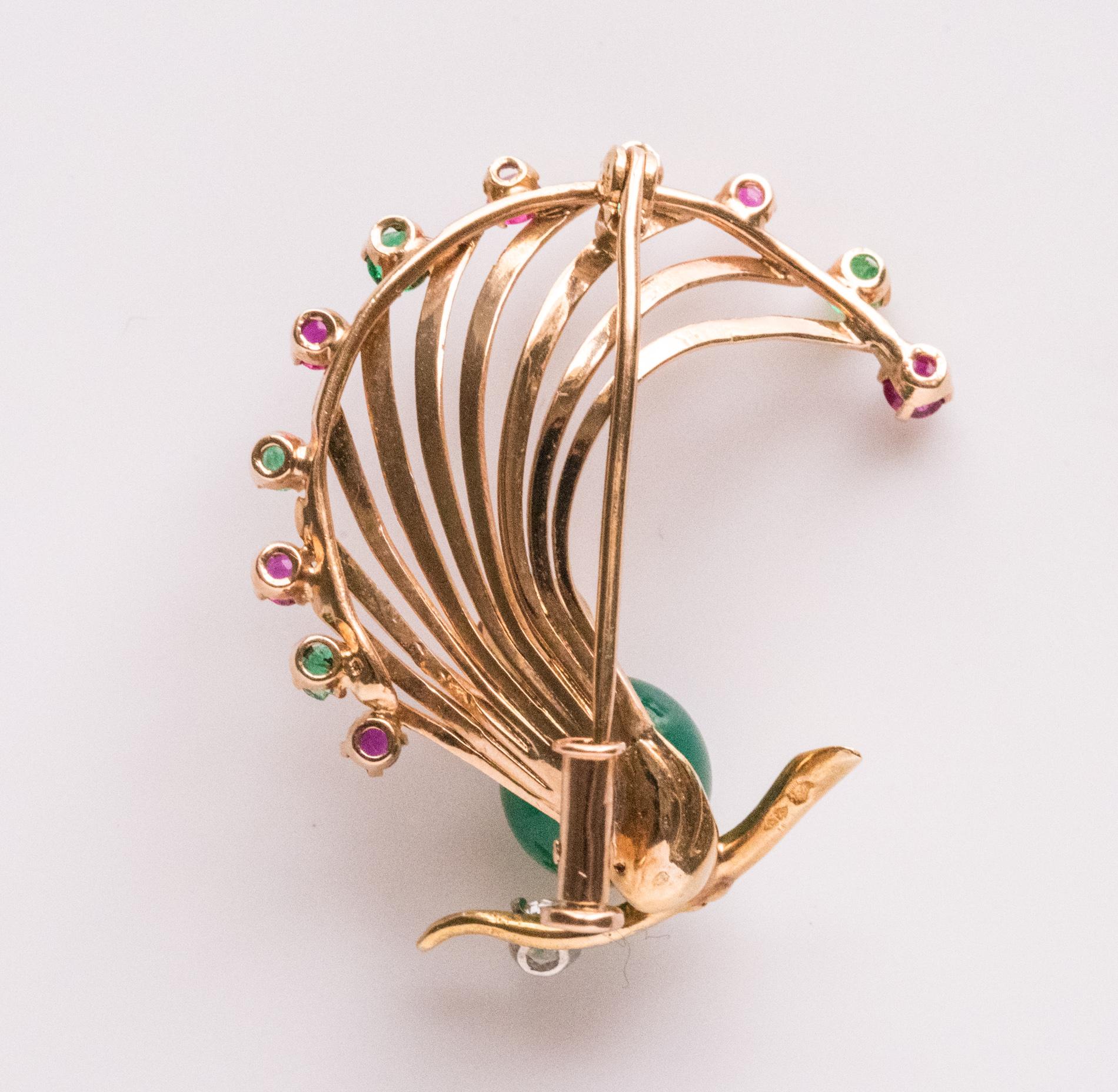 1950s French Ruby Emerald Chrysoprase Diamond 18 Karat Yellow Gold Bird Brooch For Sale 12