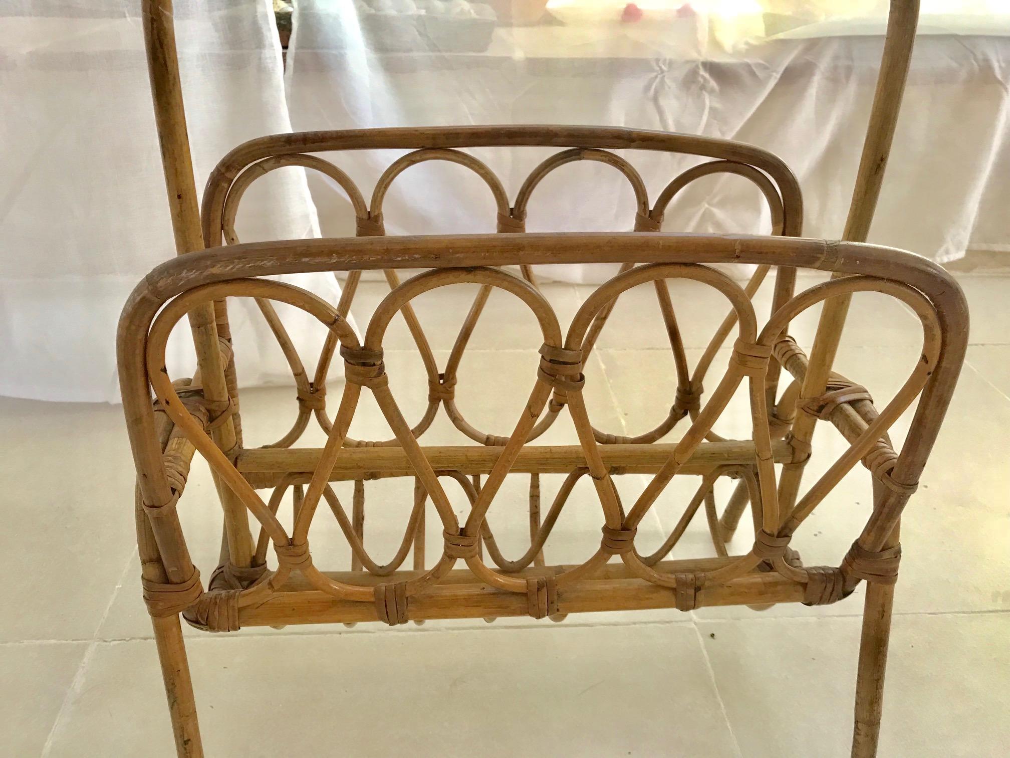 Mid-Century Modern 1950s French Saint Tropez Riviera Magazine Rack Rattan and Bamboo For Sale