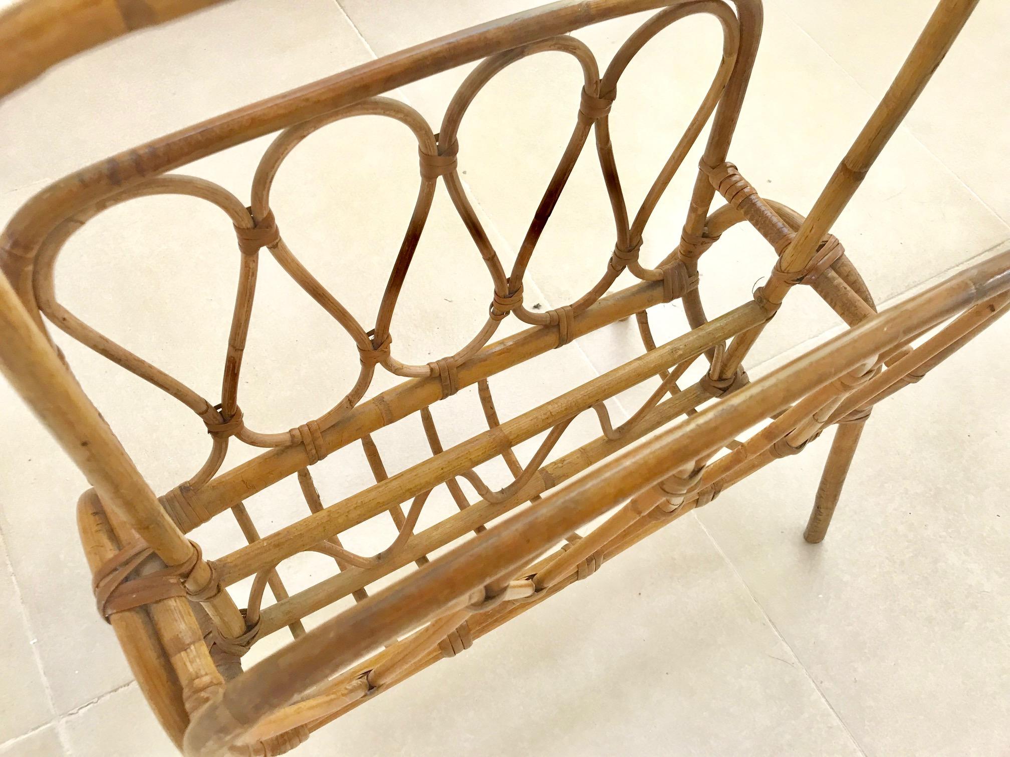 Hand-Crafted 1950s French Saint Tropez Riviera Magazine Rack Rattan and Bamboo For Sale