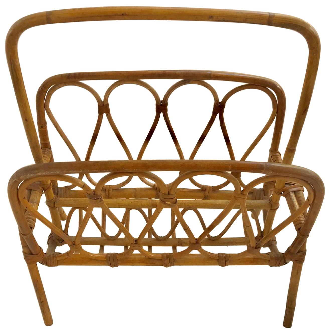 1950s French Saint Tropez Riviera Magazine Rack Rattan and Bamboo For Sale