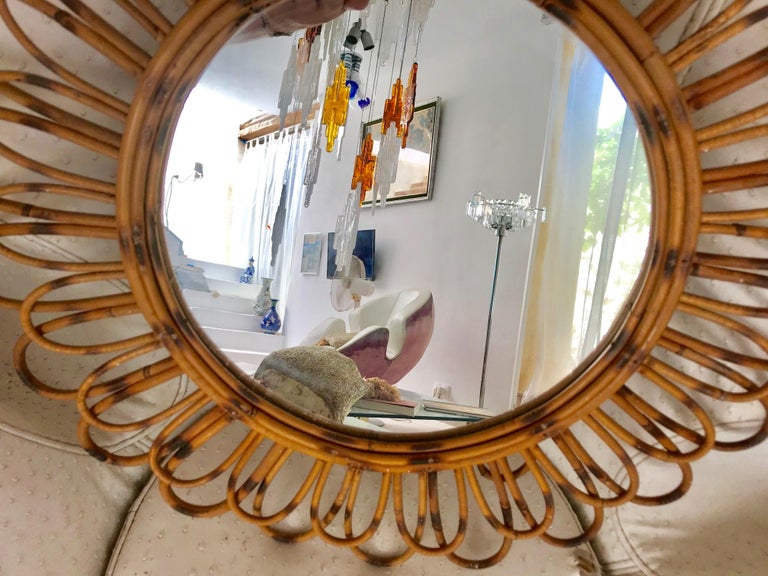 Hand-Crafted 1950s French Saint Tropez Riviera Rattan Sunburst Mirror For Sale
