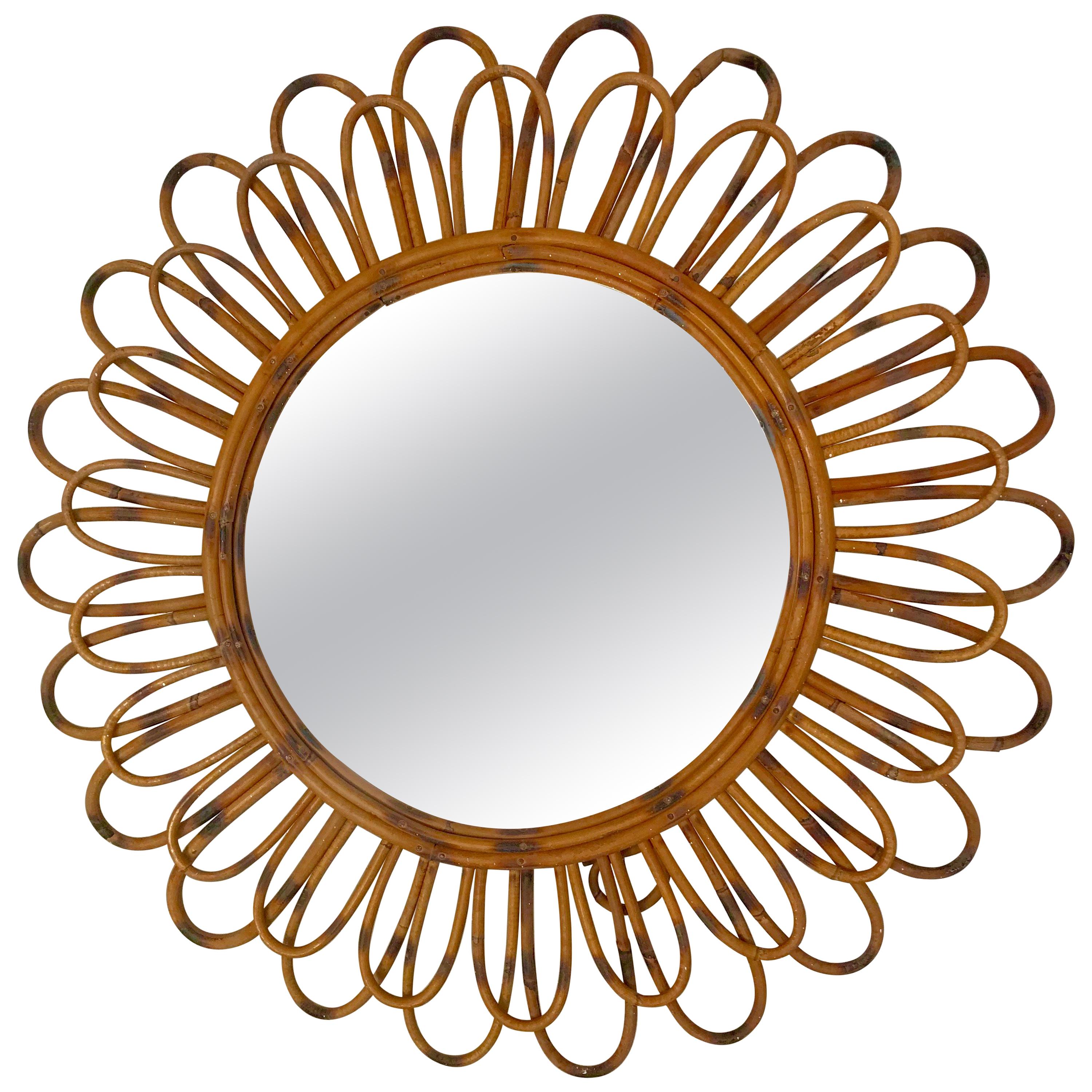 1950s French Saint Tropez Riviera Rattan Sunburst Mirror For Sale