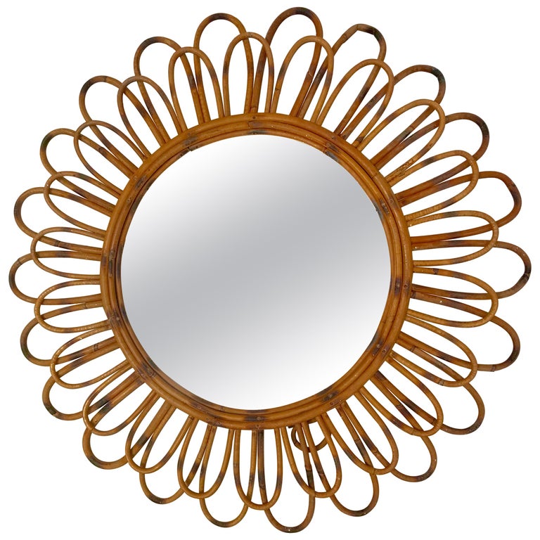 1950s French Saint Tropez Riviera Rattan Sunburst Mirror For Sale