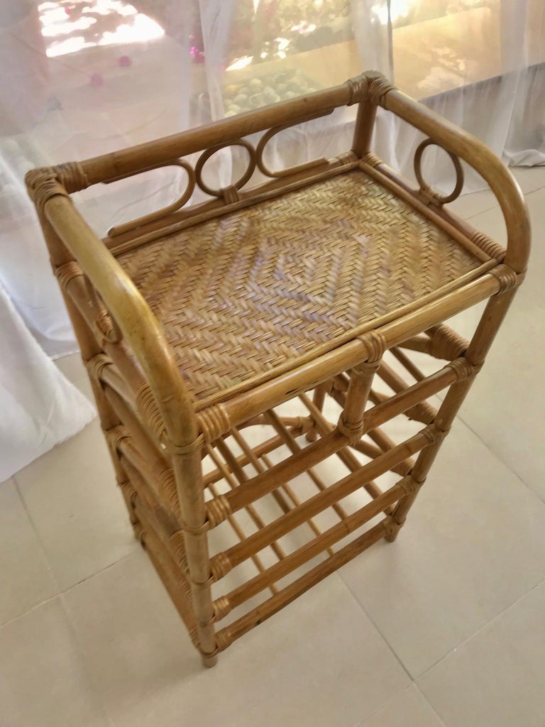 Lovely handcrafted rattan shape details.
This piece has all the taste of the Saint Tropez Riviera Mediterranean coast style and it is in excellent vintage condition.
South France Riviera, 1950s.
Beautiful to place in interior decoration with