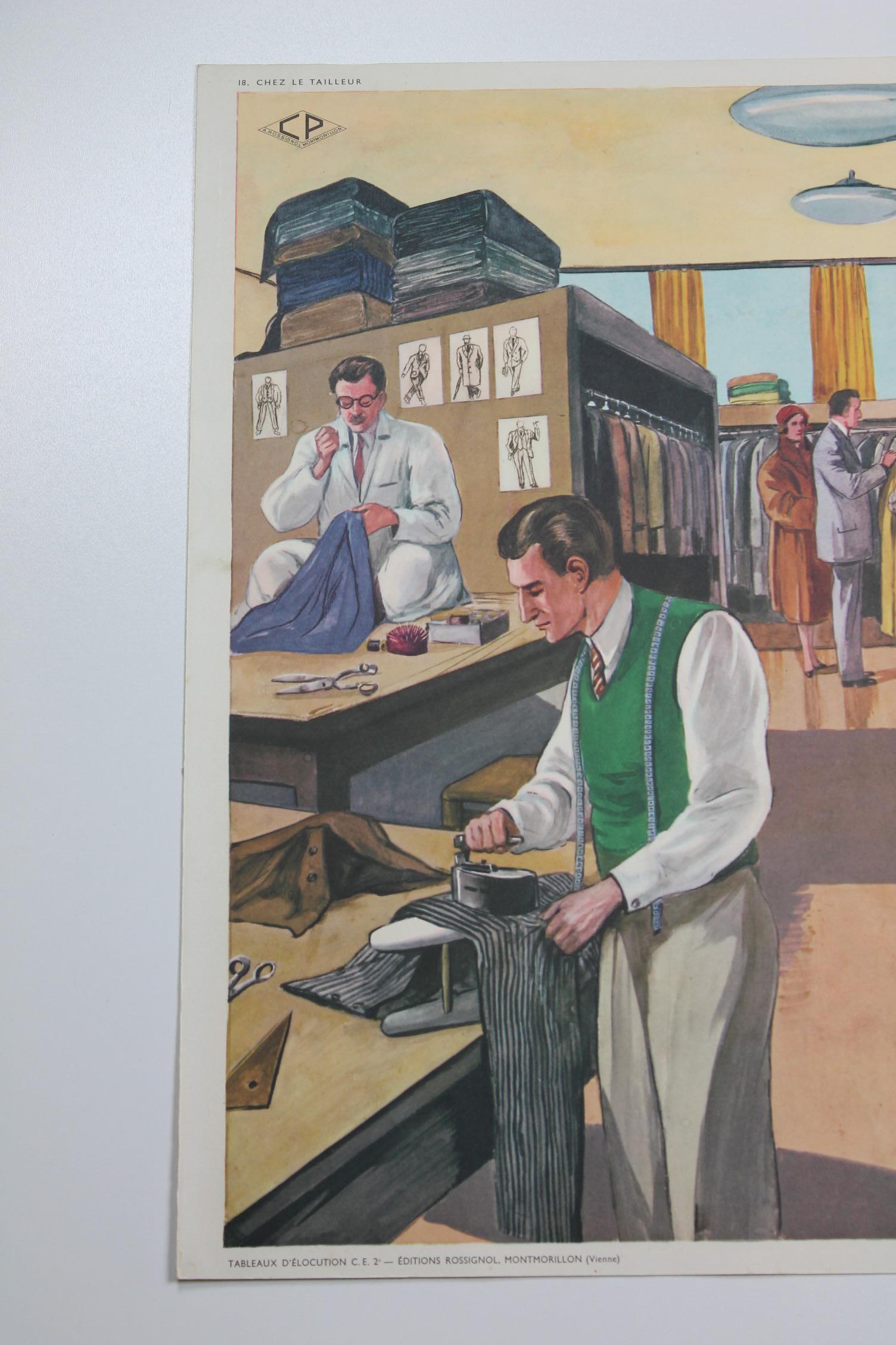 Vintage 1950s School Chart - Teaching Chart - School Poster on thick paper.
Theme : at the Tailor's Shop.
This Old School Teaching Equipment has a very nice detailed view on the activity of a costume maker, 
who makes custom made clothing like