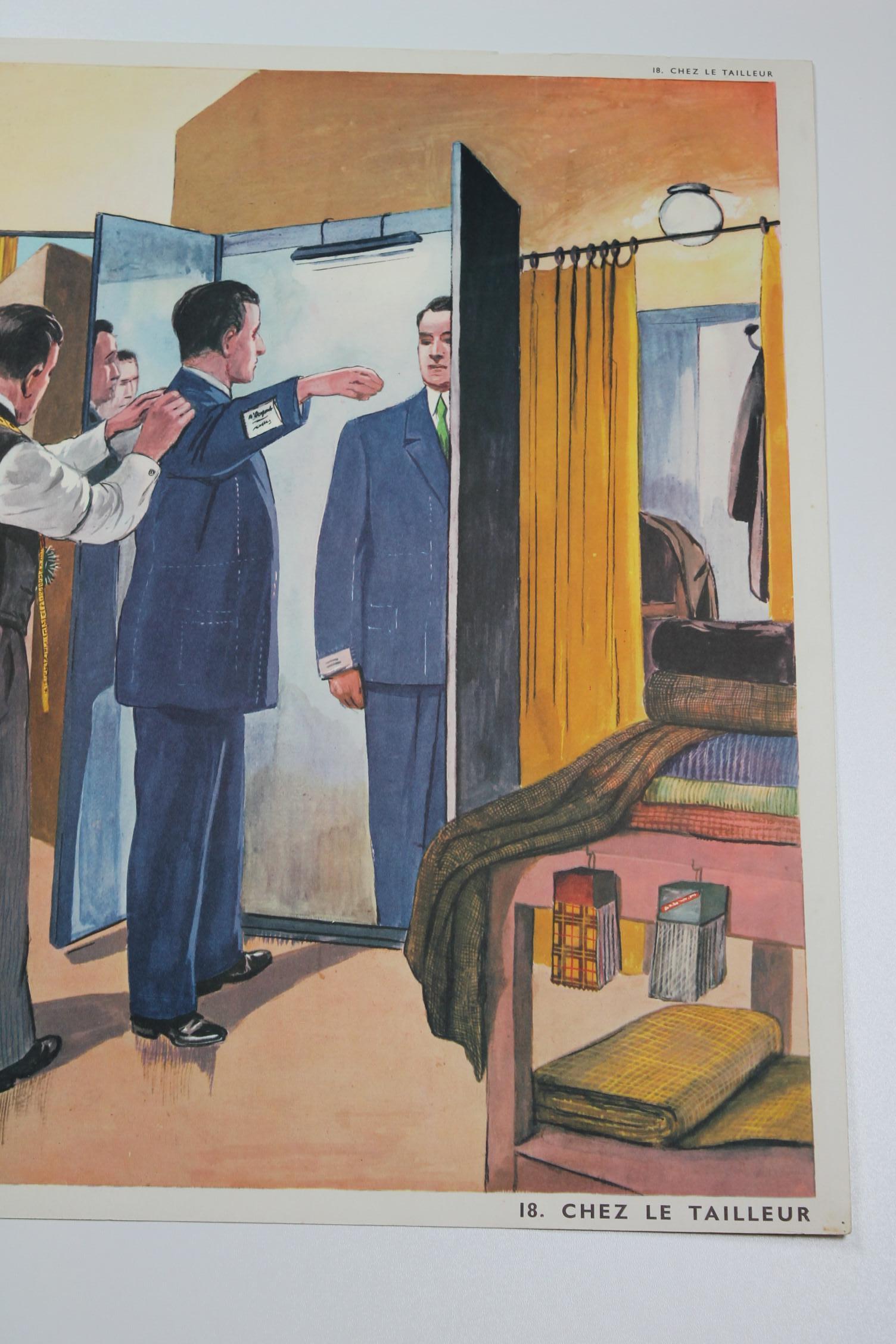 1950s, French School Chart, at the Tailor Shop, by Rossignol In Good Condition In Antwerp, BE