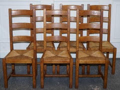 1950's FRENCH SET OF 6 FARM COUNTRY HOUSE LADDER BACK DINING CHAIRS STRAW SEATS