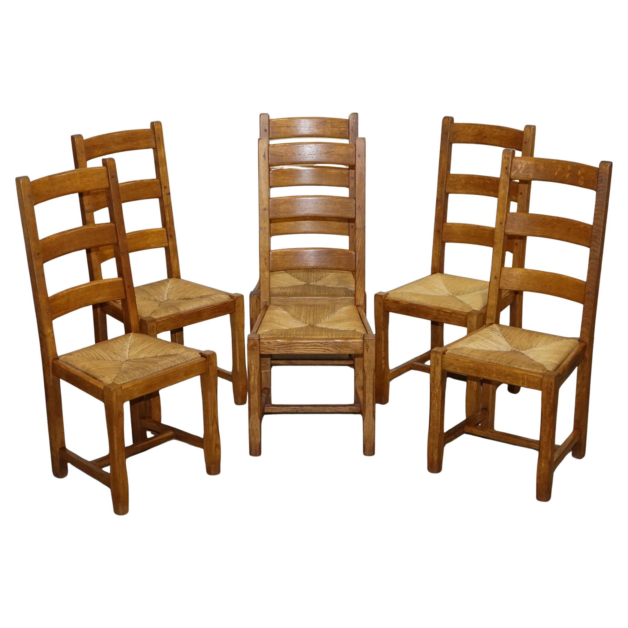 1950's FRENCH SET OF 6 FARM COUNTRY HOUSE LADDER BACK DINING CHAIRS STRAW SEATS For Sale