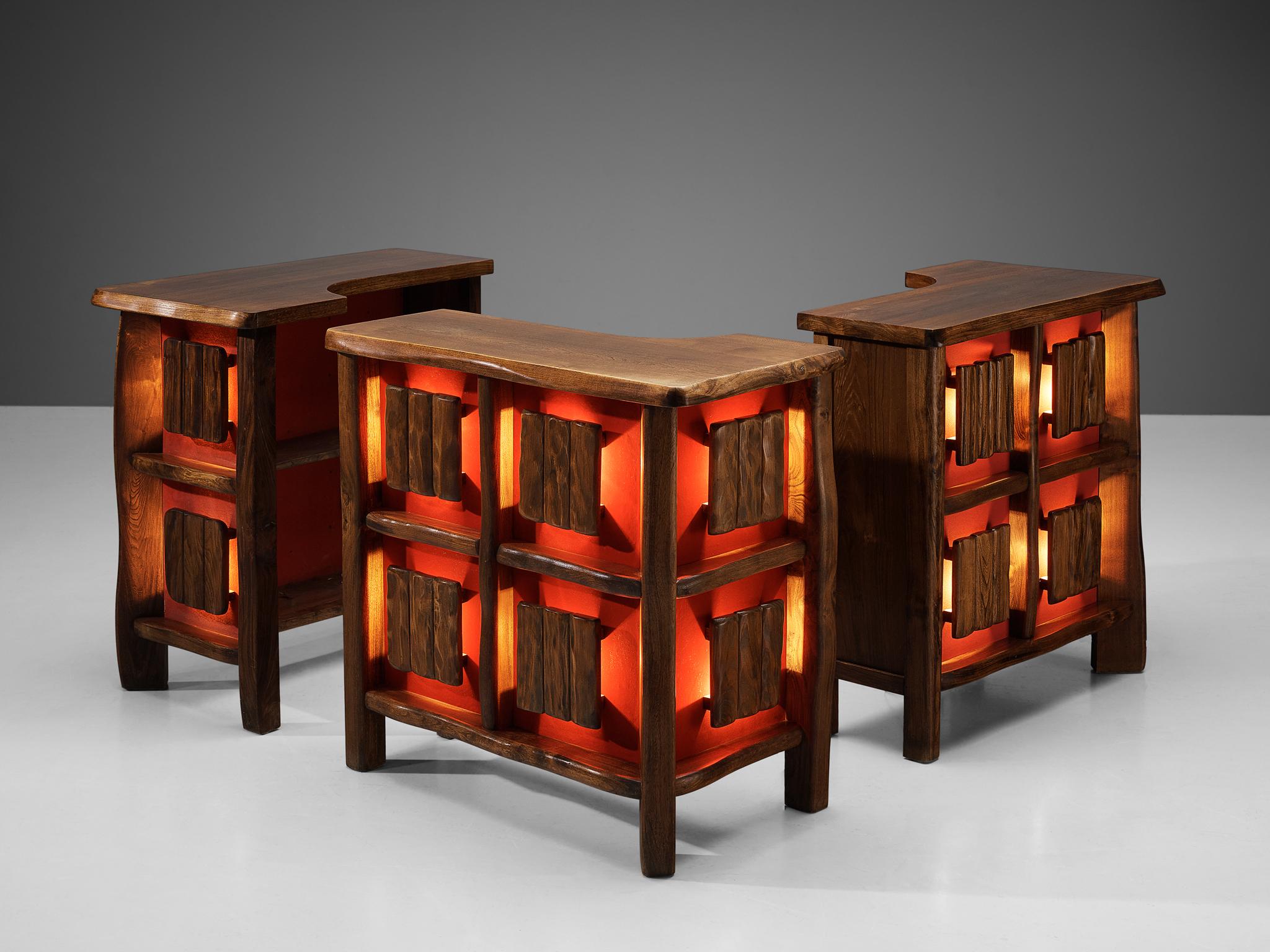 Modular bar cabinets, elm, velvet, France, 1950s.

These multifunctional items is from French origin and embraces naturalistic forms combined with bold accents. The elmwood material has an incredibly soft, visual texture that shows nice wooden