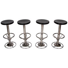 Vintage 1950s French Set of Four Black and Steel Bar Stools