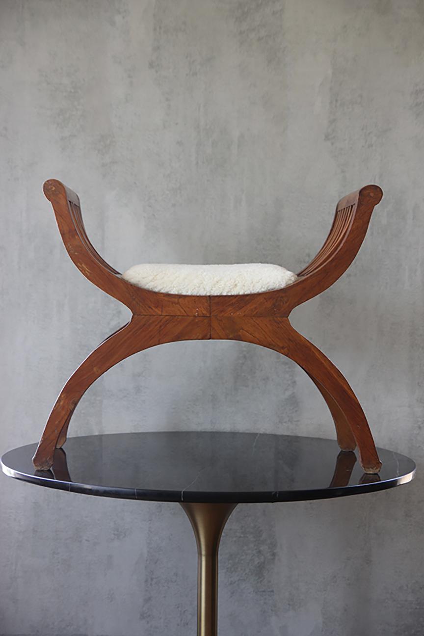 Mid-Century Modern 1950s French Shearling Curule Stool For Sale
