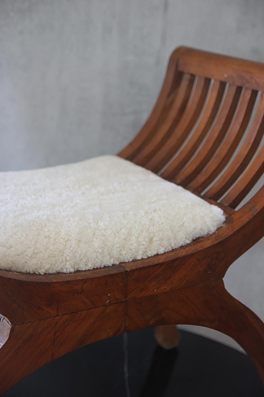 1950s French Shearling Curule Stool For Sale 1