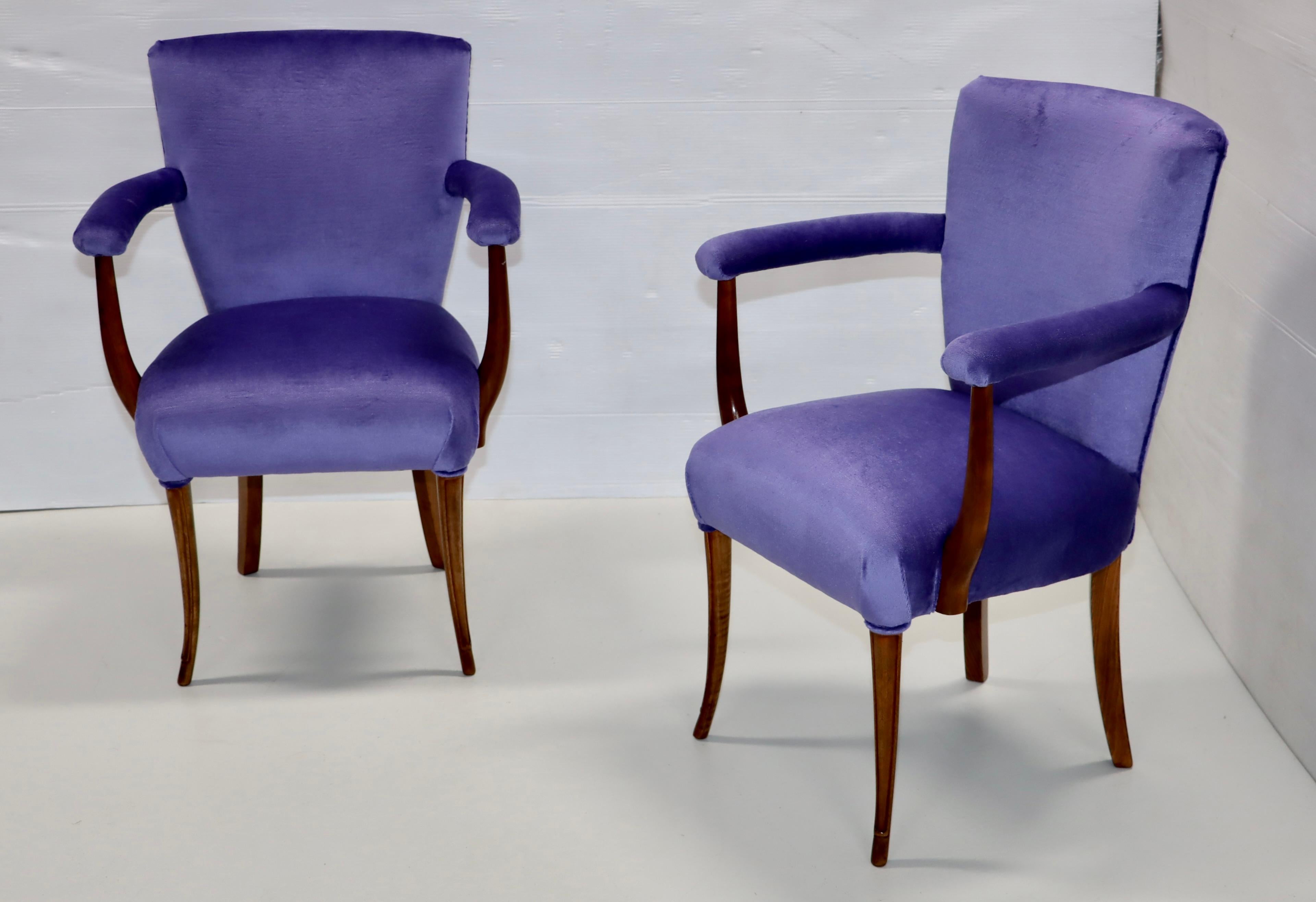 1950's mid-century modern French walnut side chairs with mohair upholstery, newly re-upholstered Mohair fabric, with minor wear and patina due to age and use.