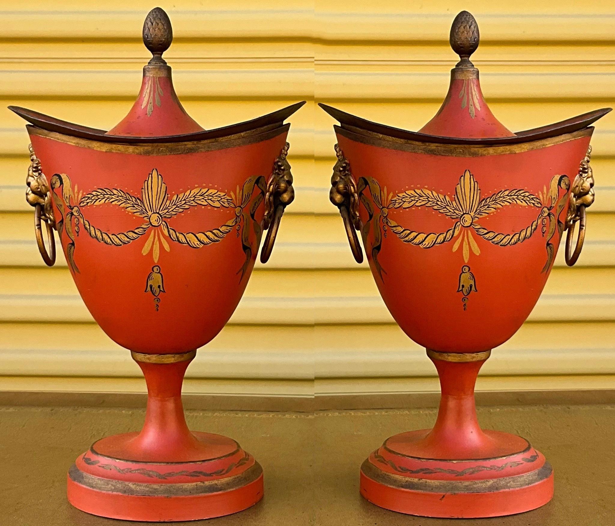 Mid-20th Century 1950s French Signed Neo-Classical Style Tole Urns / Garniture, Pair