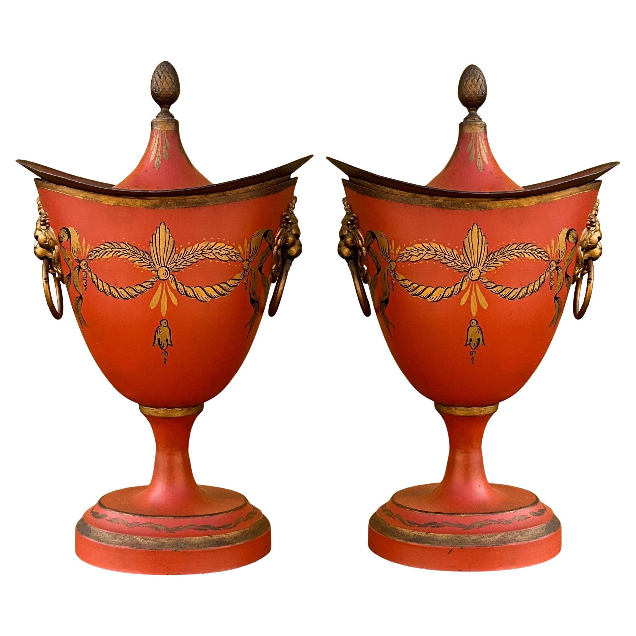 1950s French Signed Neo-Classical Style Tole Urns / Garniture, Pair
