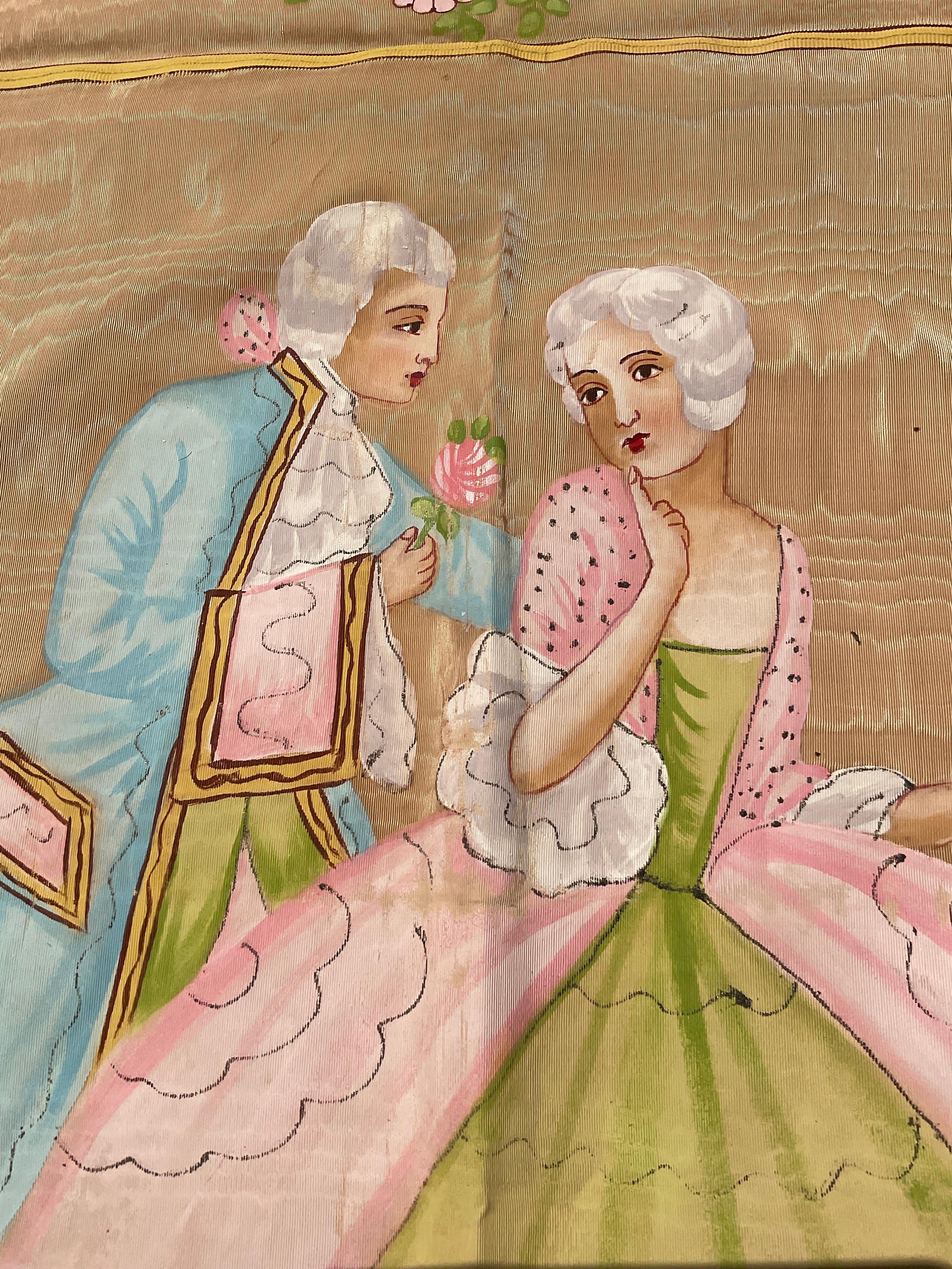 1950s French Silk Bed Topper Hand Painted For Sale 6