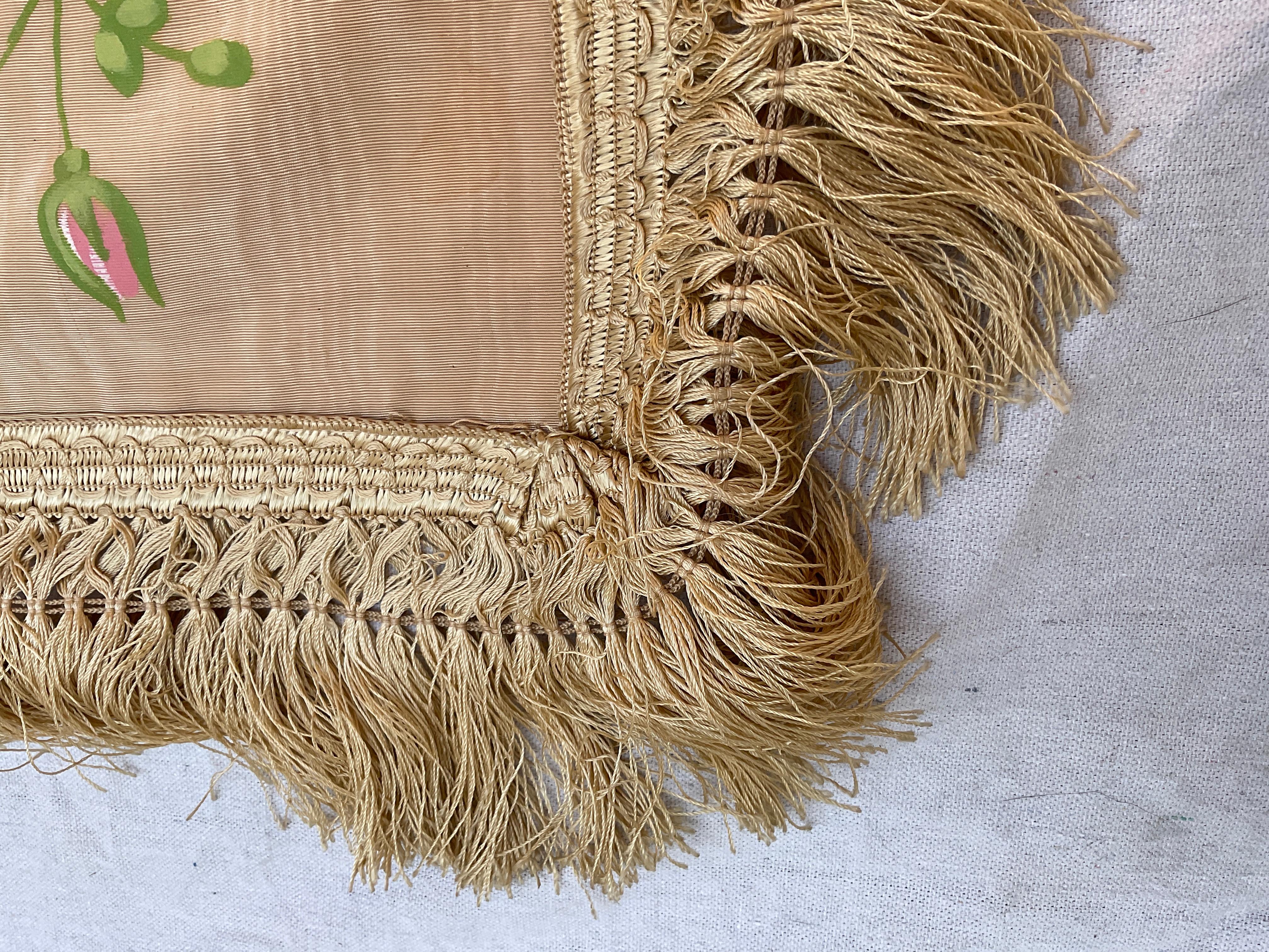 1950s French Silk Bed Topper Hand Painted For Sale 7