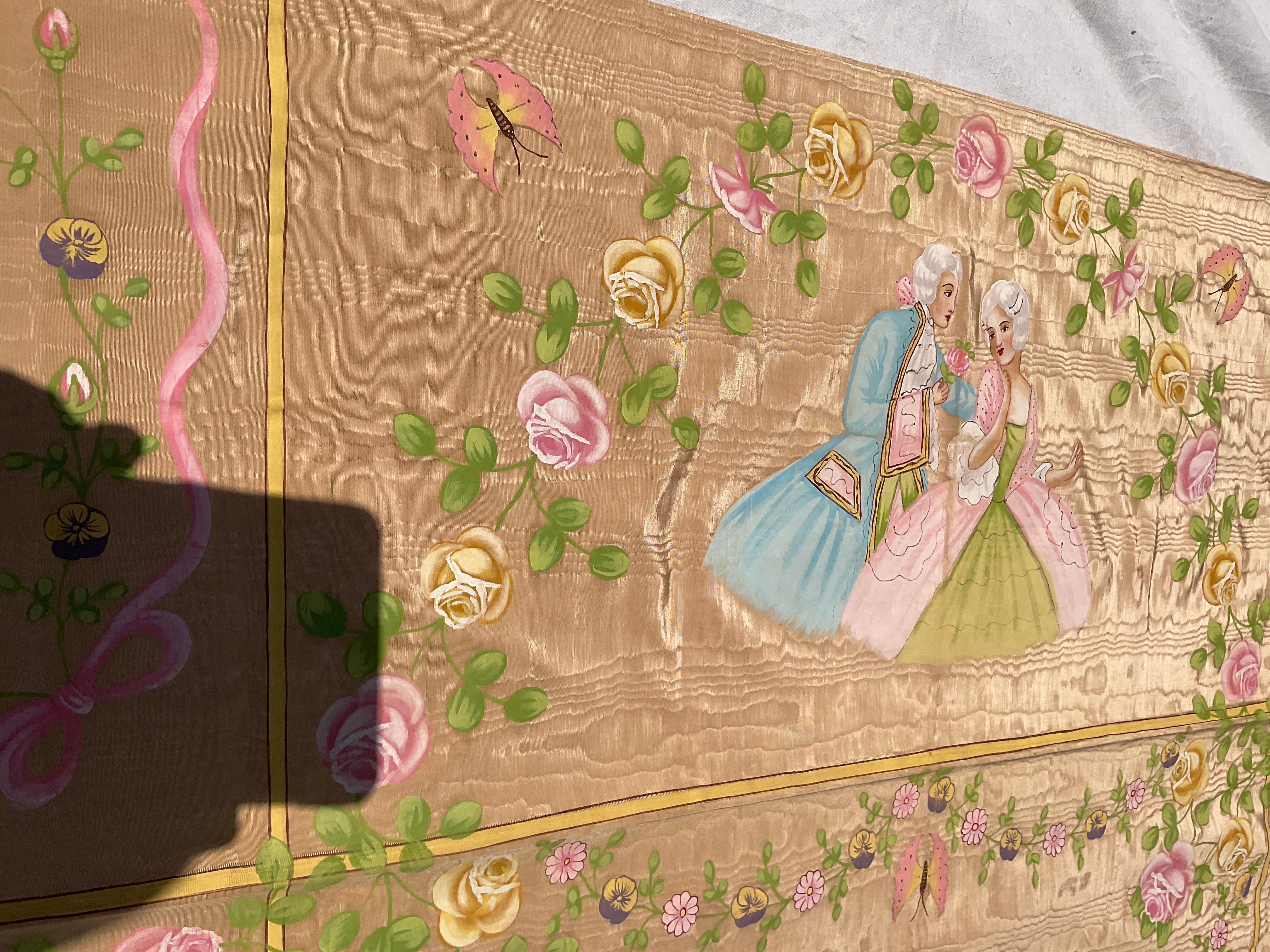 1950s French Silk Bed Topper Hand Painted For Sale 8