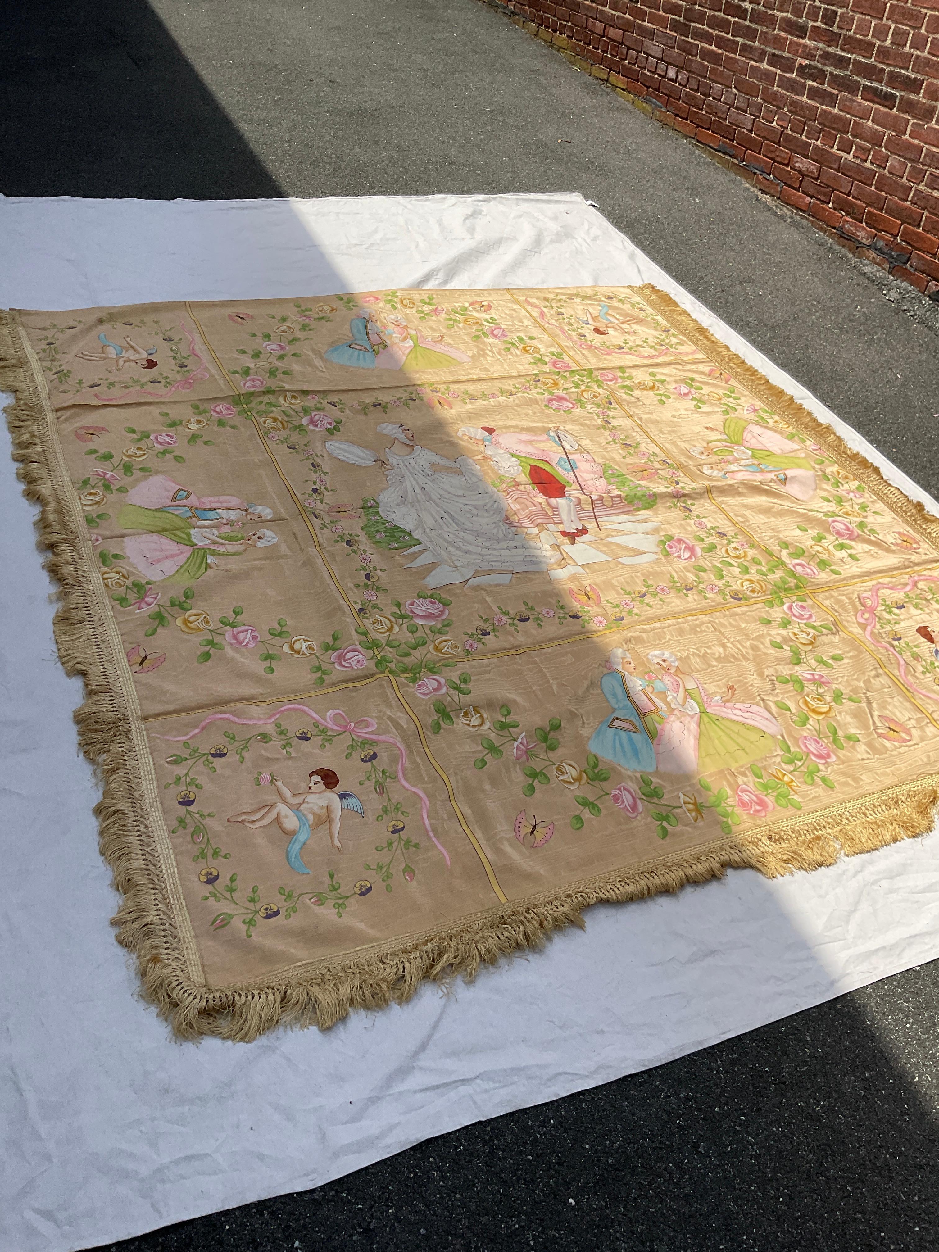 1950s French silk bed topper. Hand painted. Barely used.