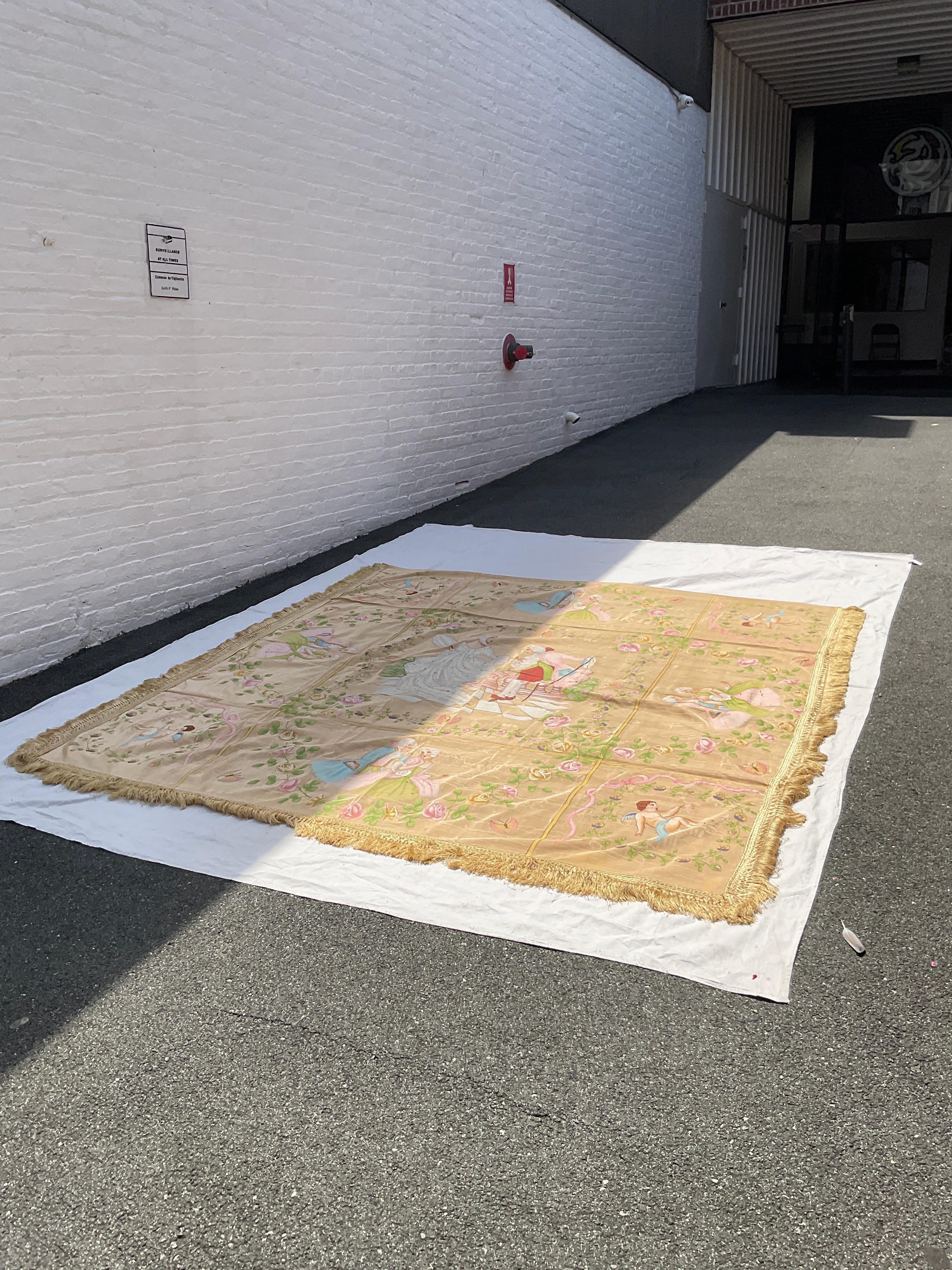 1950s French Silk Bed Topper Hand Painted In Good Condition For Sale In Tarrytown, NY