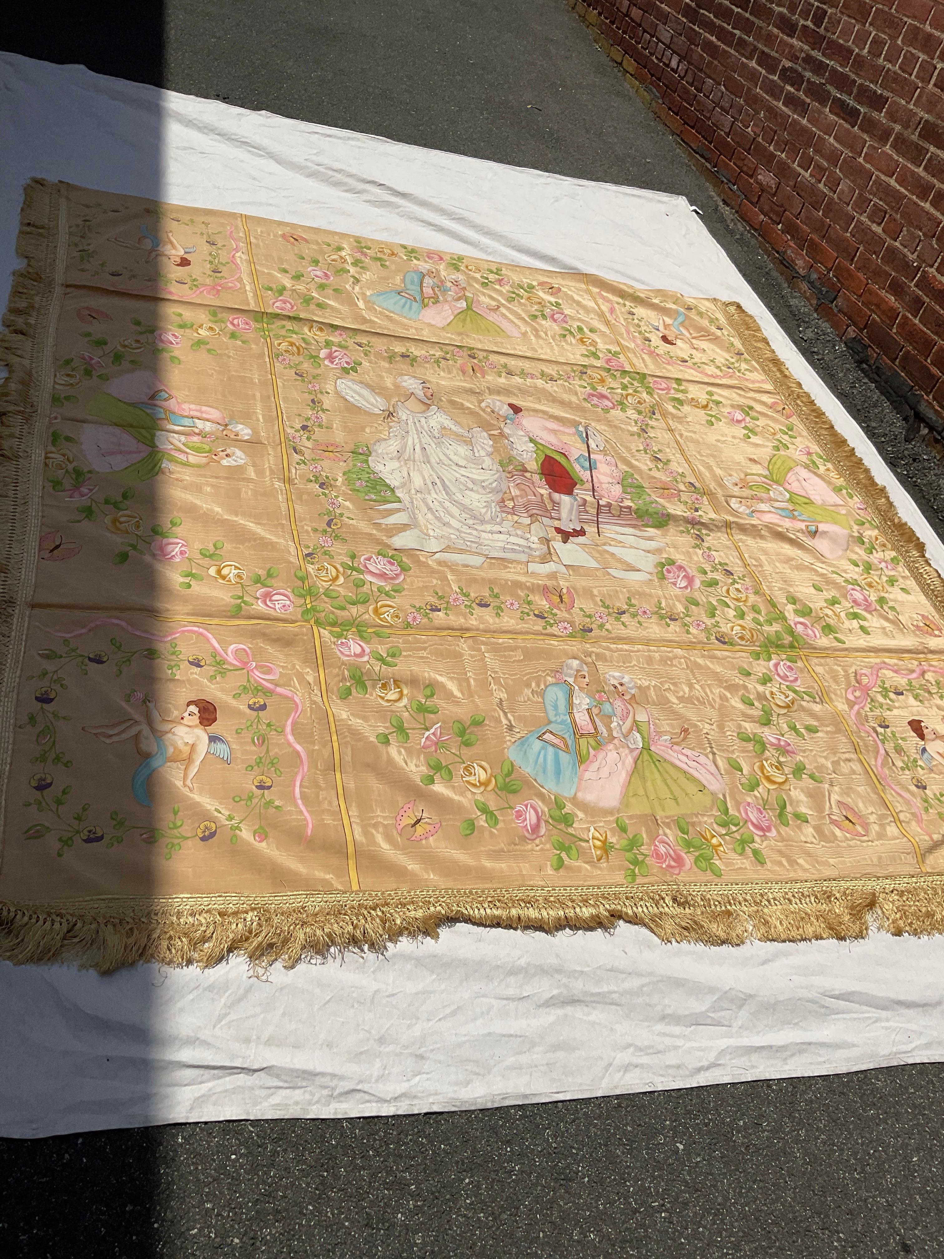 1950s French Silk Bed Topper Hand Painted For Sale 1