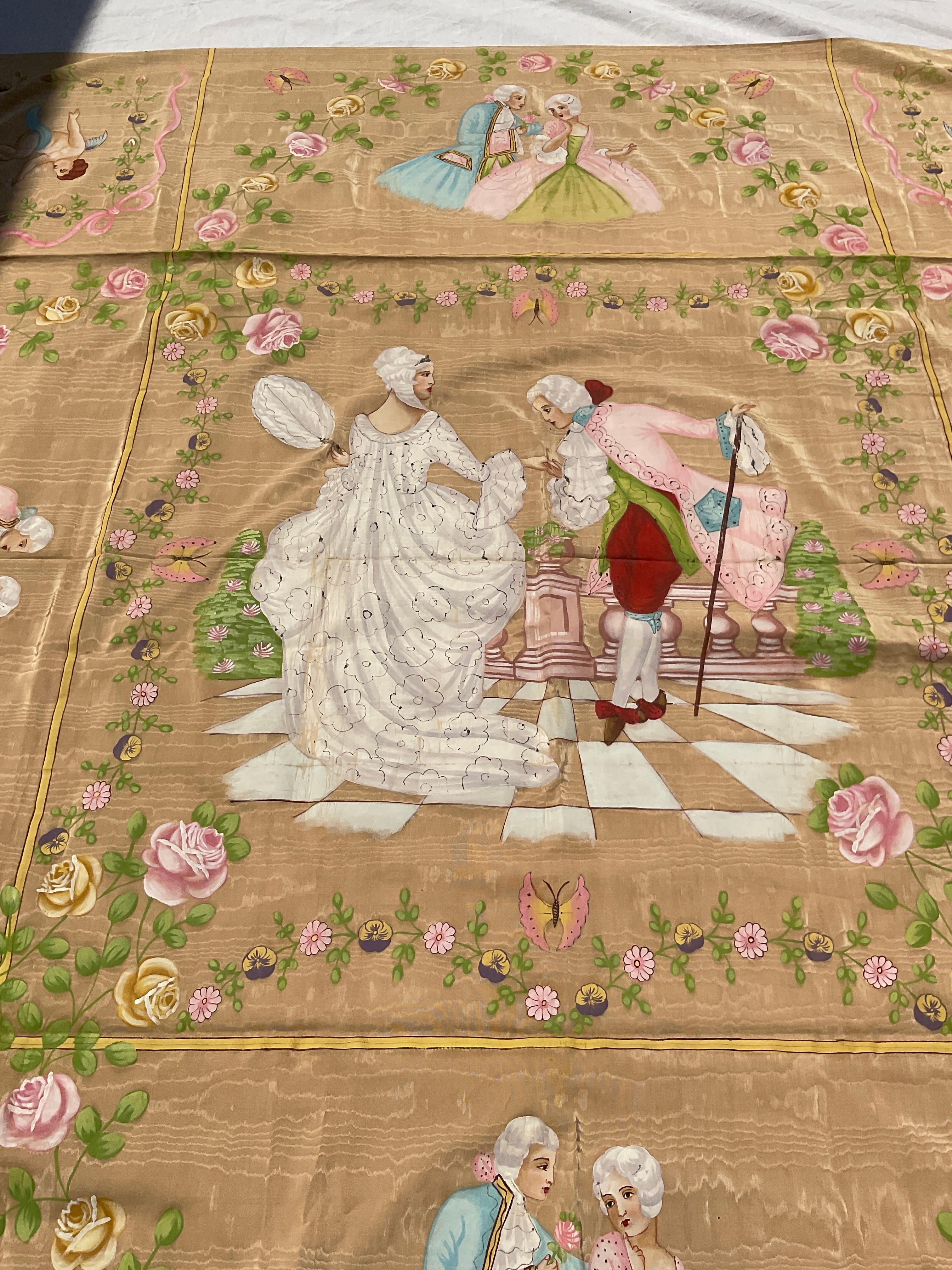1950s French Silk Bed Topper Hand Painted For Sale 2