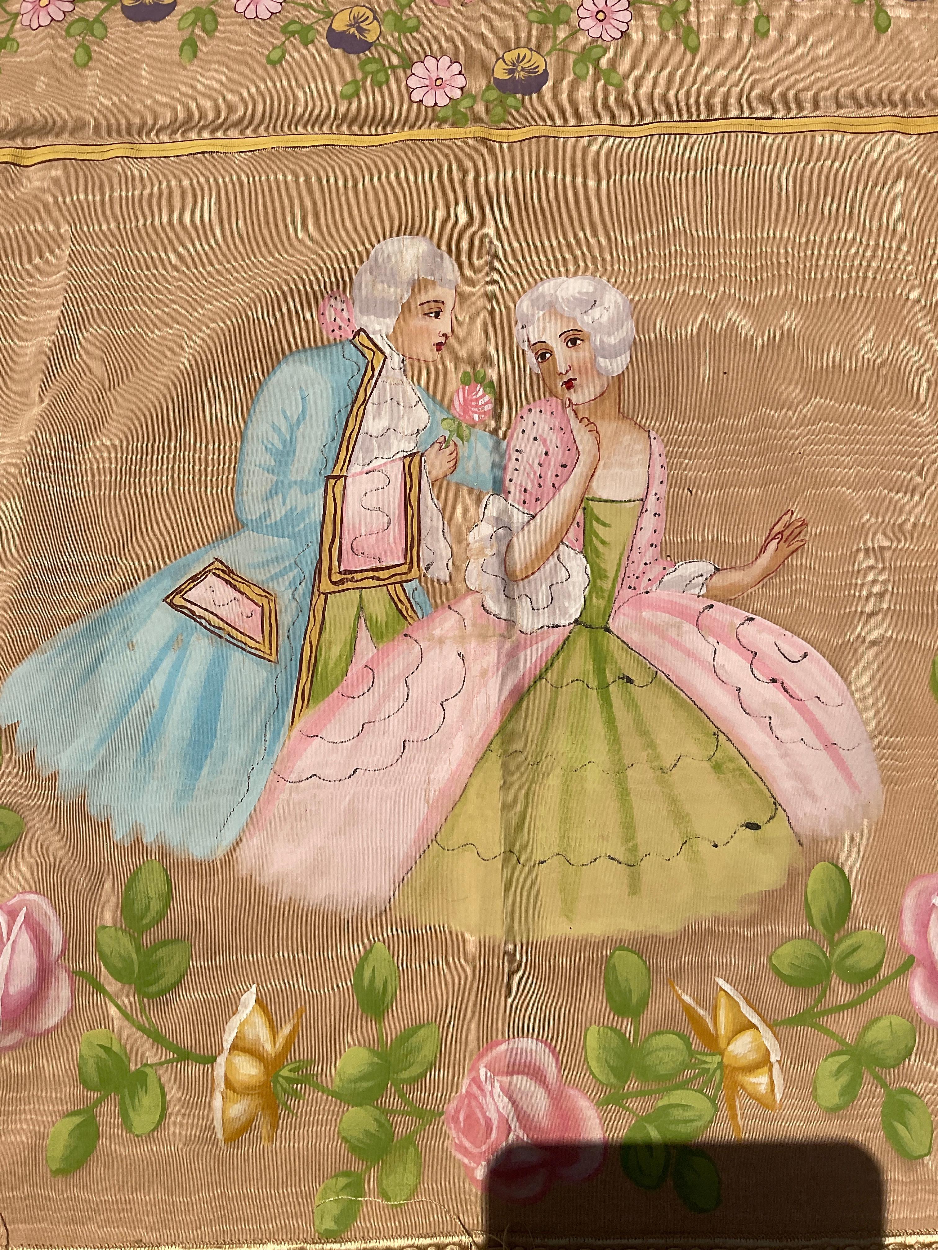1950s French Silk Bed Topper Hand Painted For Sale 3
