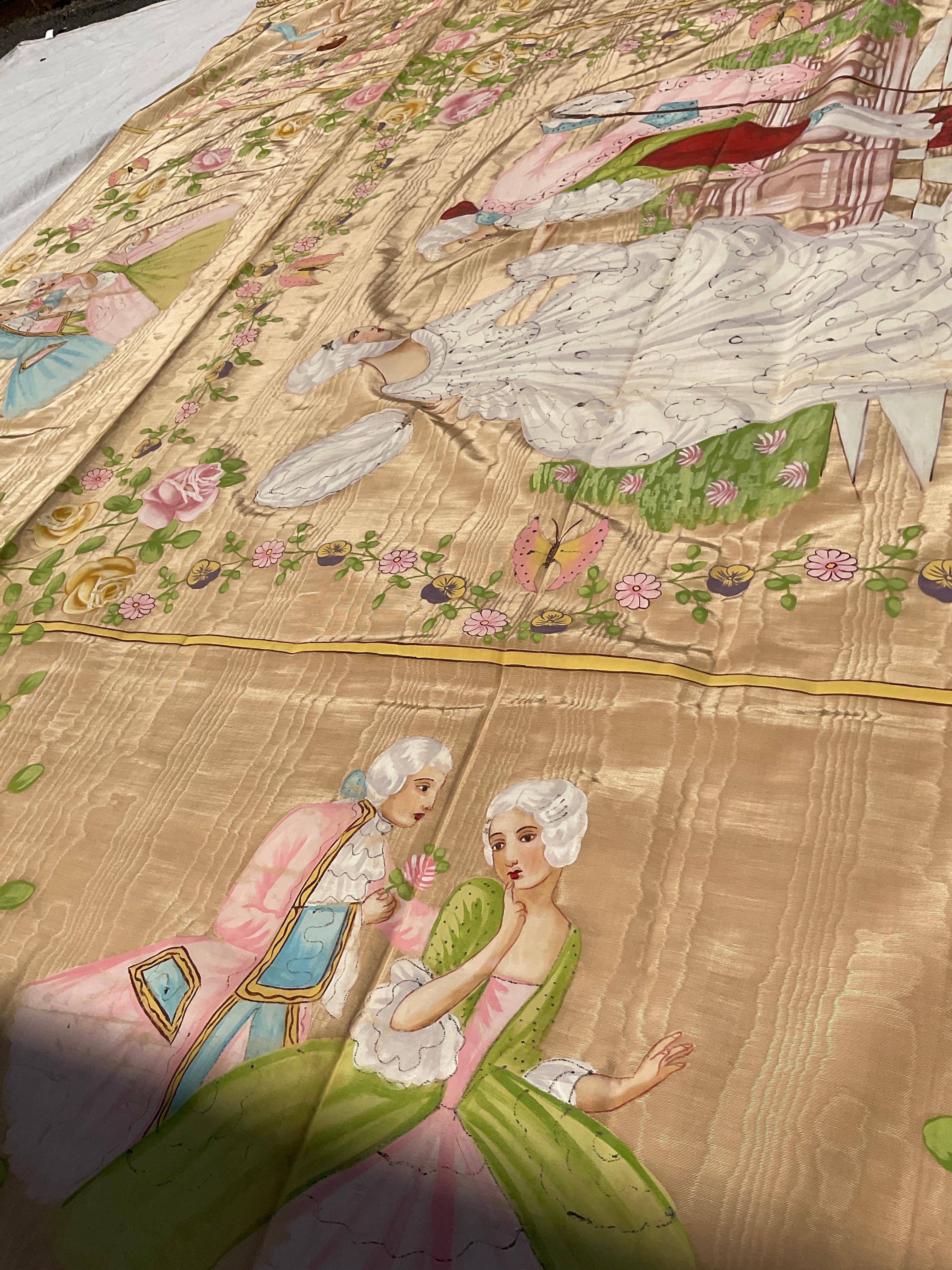 1950s French Silk Bed Topper Hand Painted For Sale 4