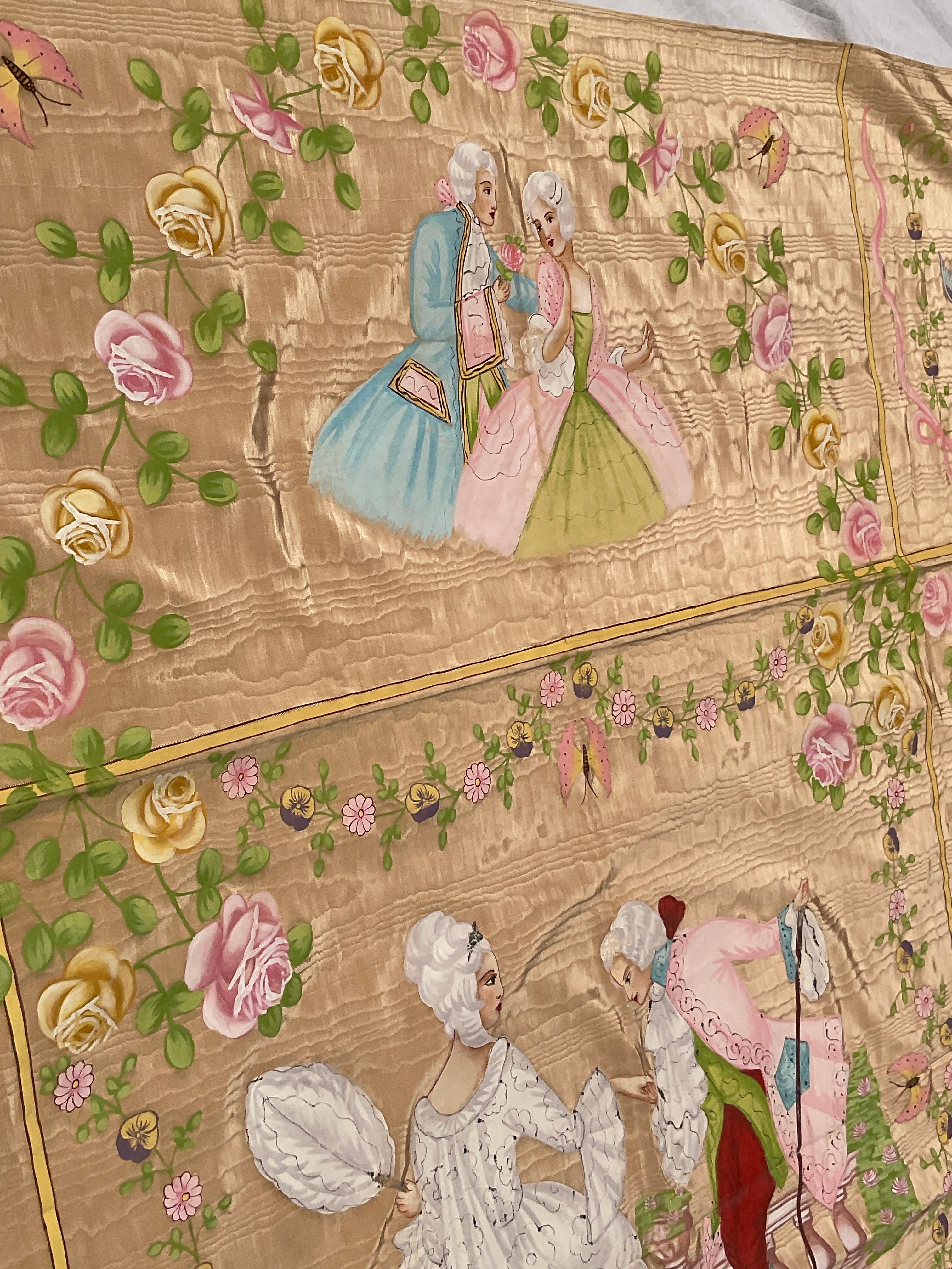 1950s French Silk Bed Topper Hand Painted For Sale 5