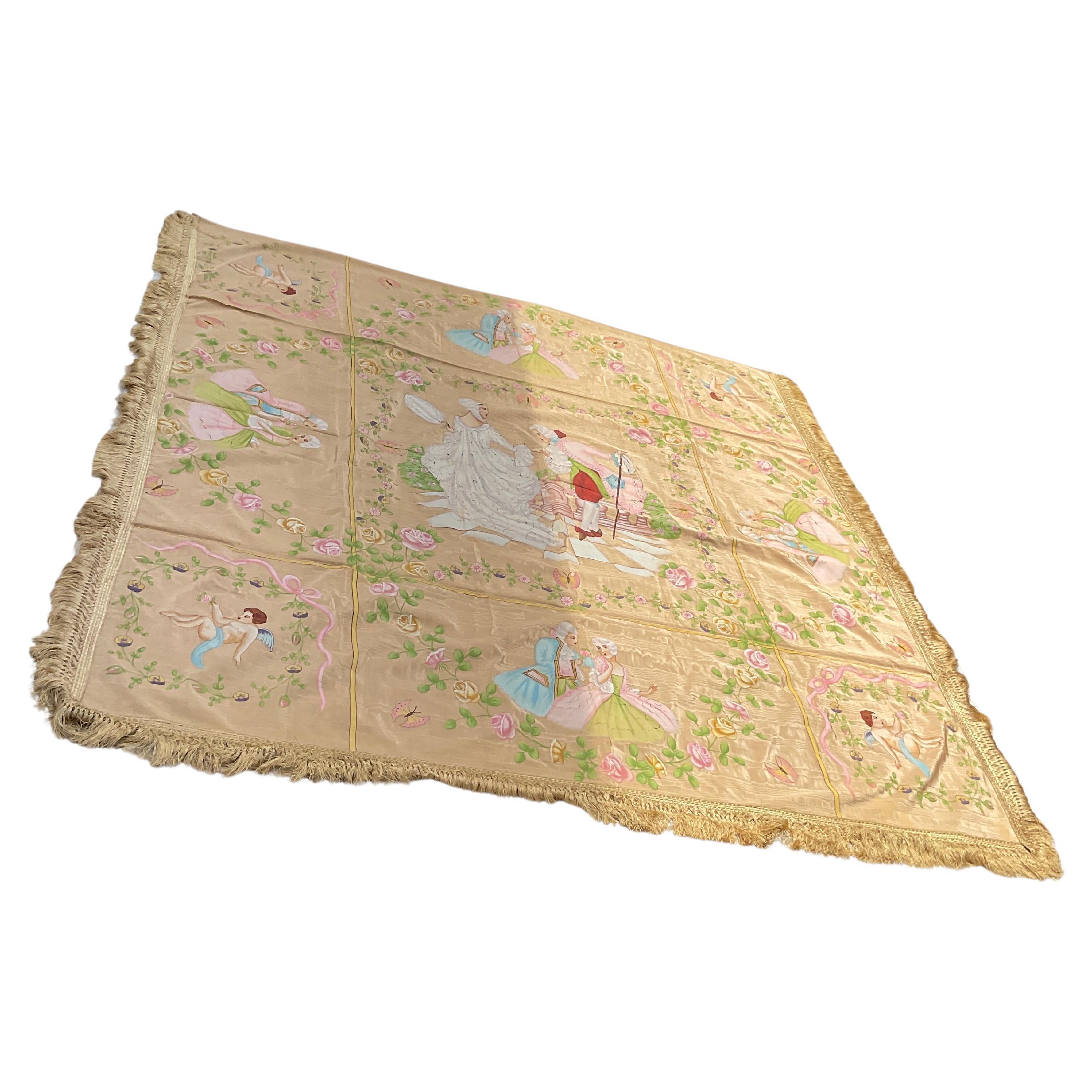 1950s French Silk Bed Topper Hand Painted For Sale
