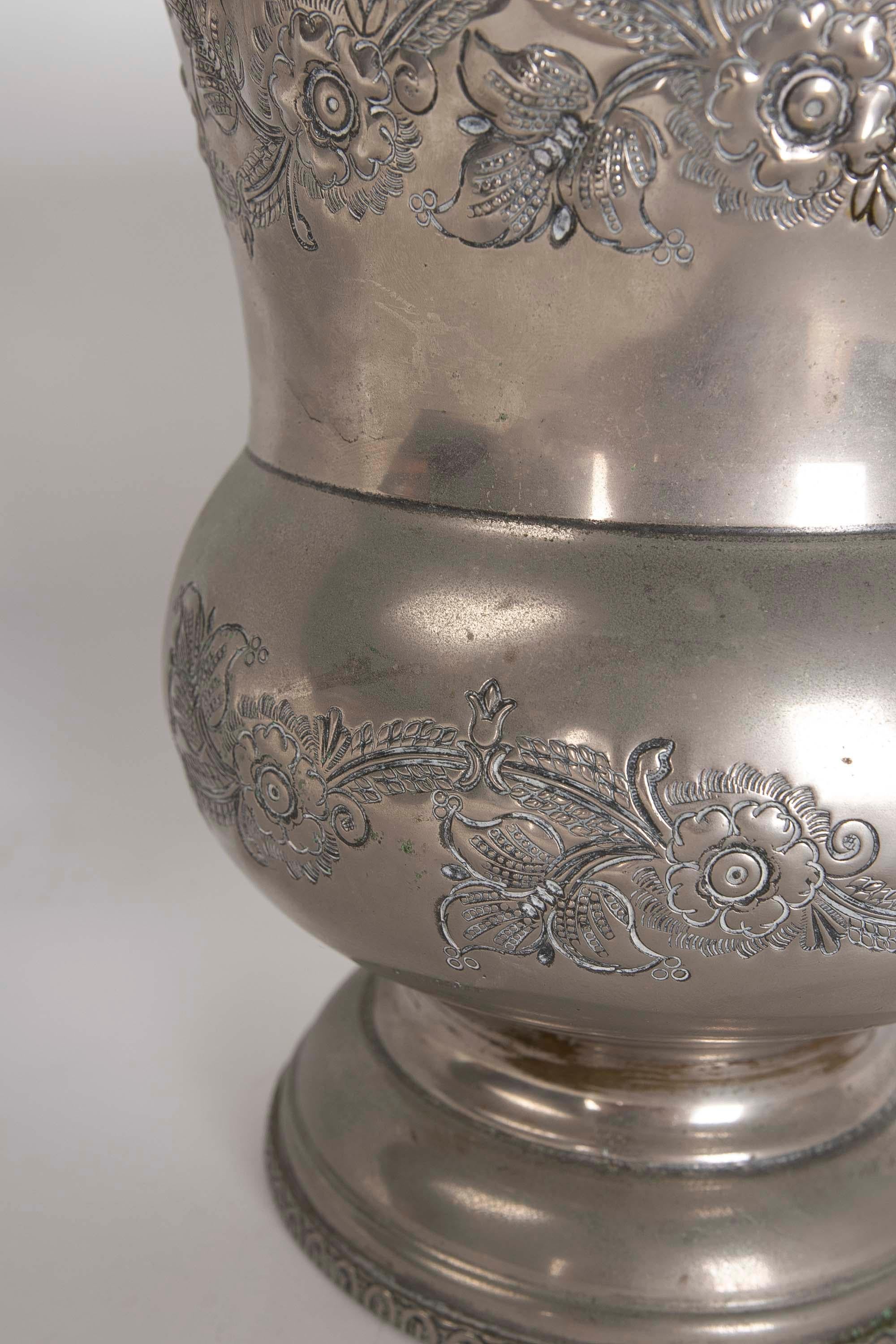 20th Century 1950s French Silver Plated Metal Vase with Lettering, with Flower Decoration For Sale