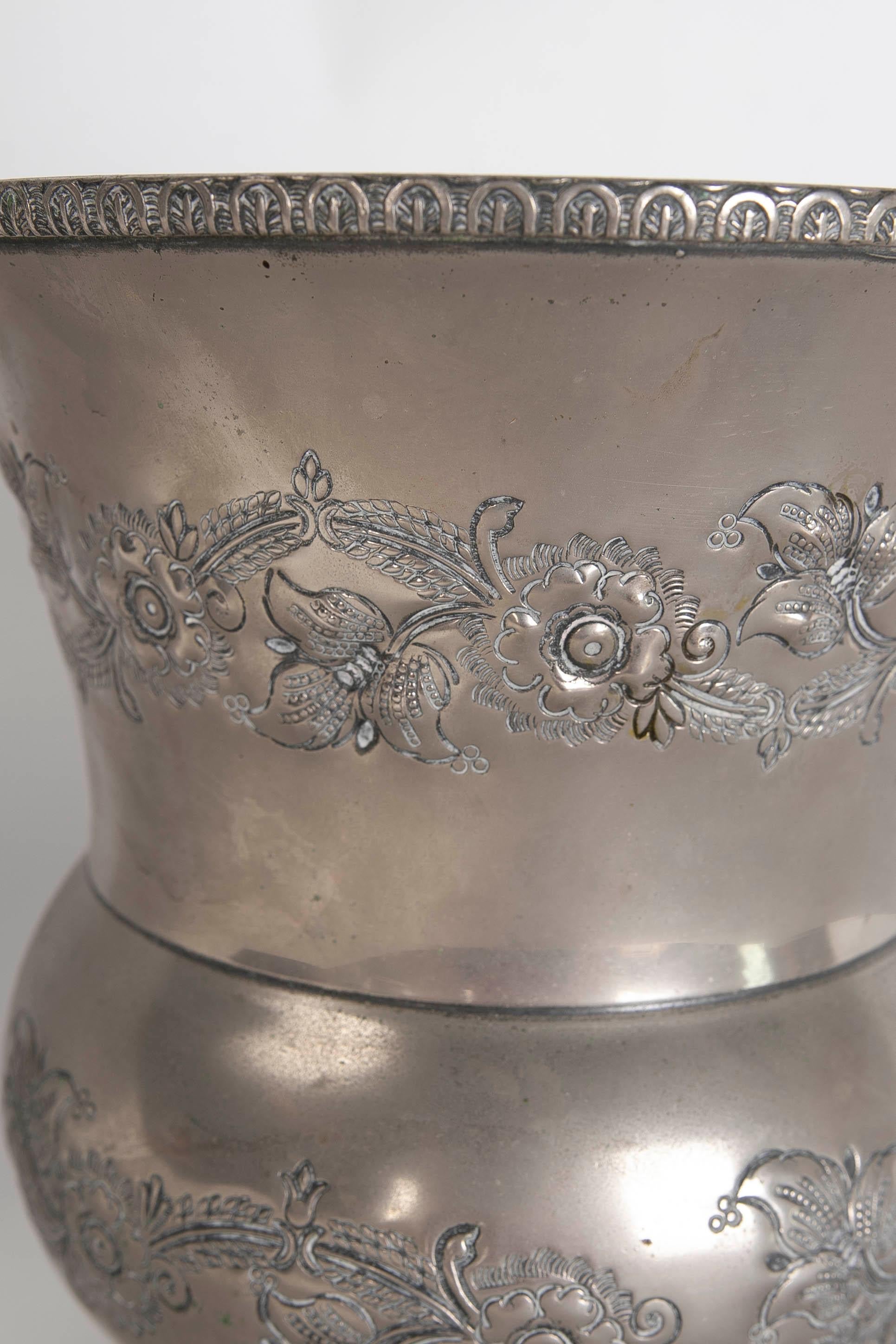 Metallic Thread 1950s French Silver Plated Metal Vase with Lettering, with Flower Decoration For Sale