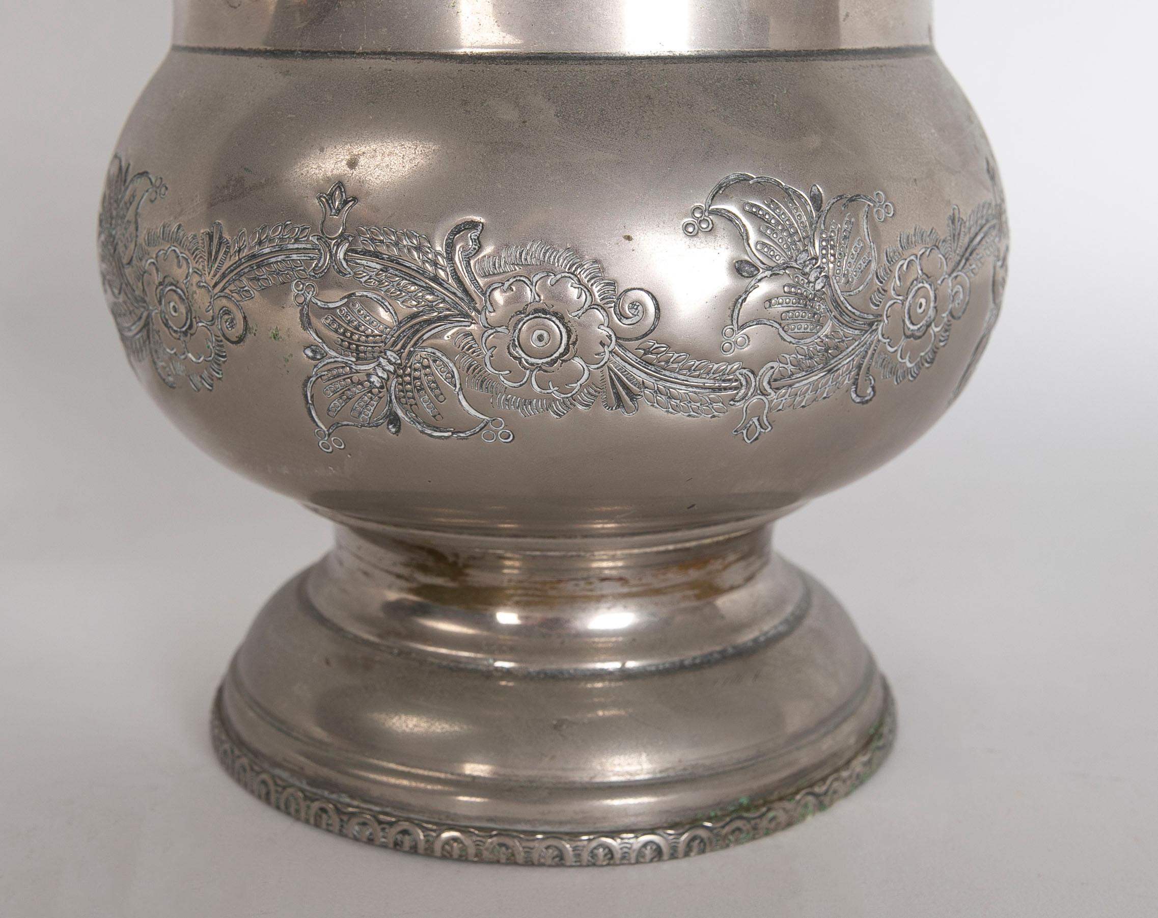 1950s French Silver Plated Metal Vase with Lettering, with Flower Decoration For Sale 2