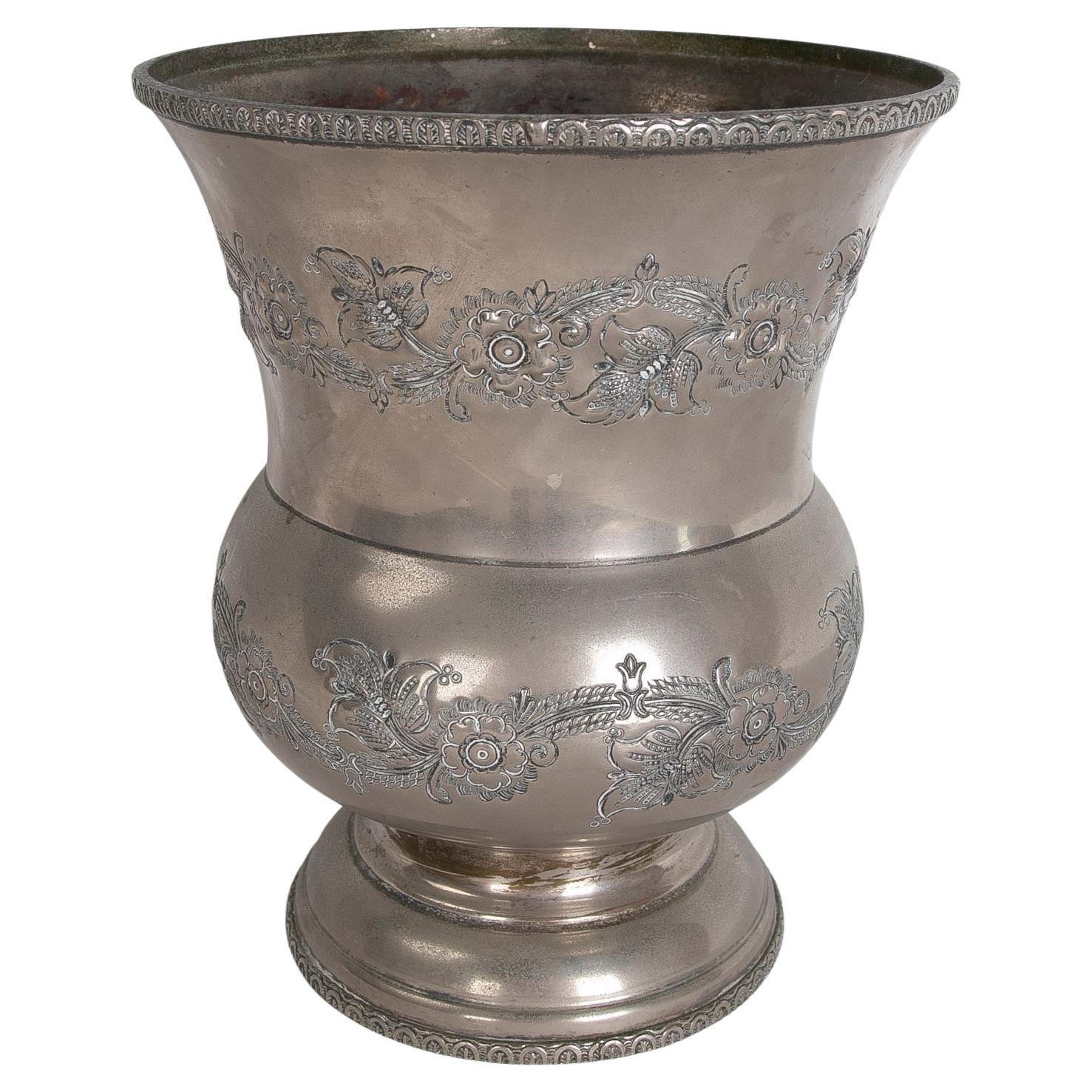 1950s French Silver Plated Metal Vase with Lettering, with Flower Decoration