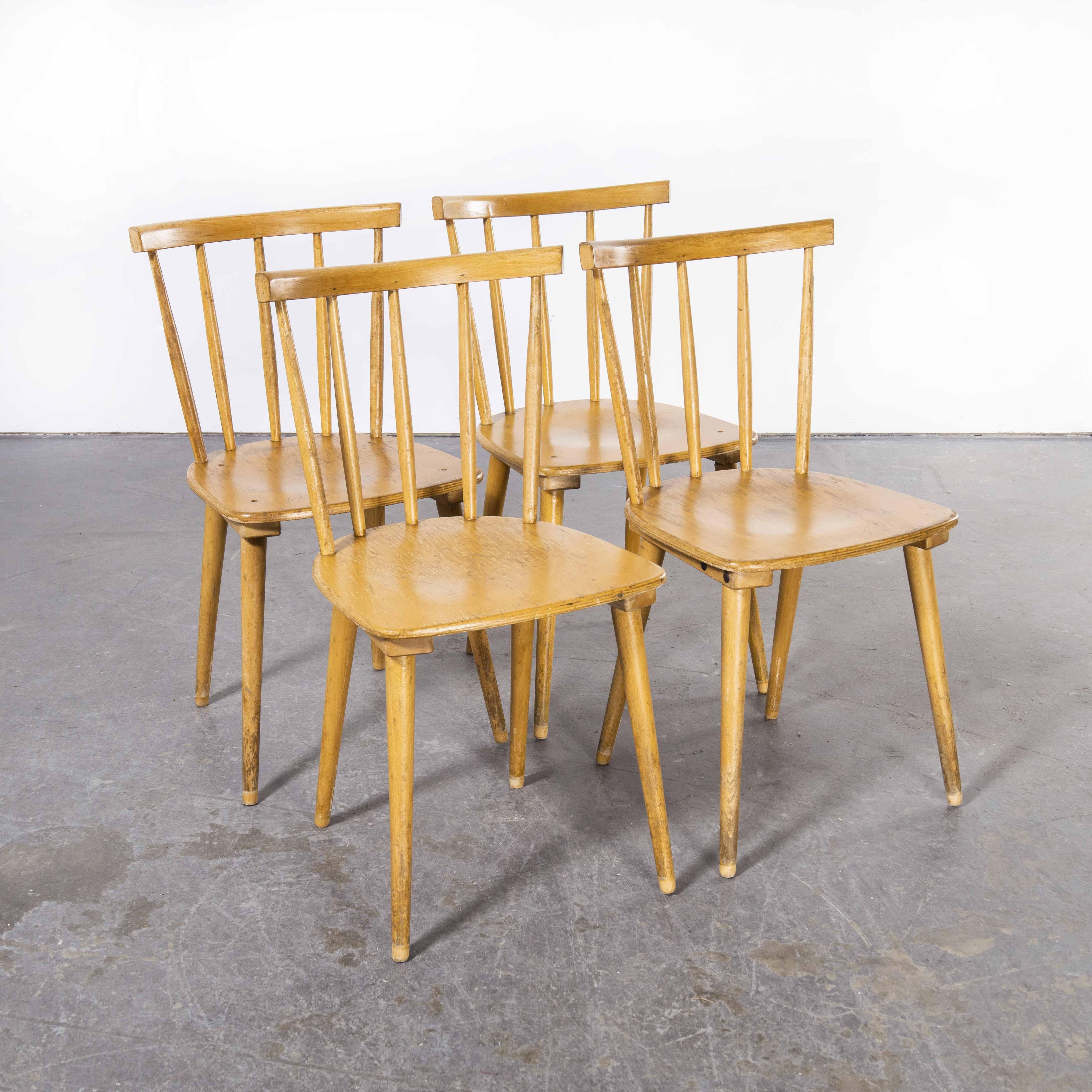 1950’s French slim back stick back dining chairs – set of four
1950’s French slim back stick back dining chairs – set of four Classic French stick back dining chairs made in beech wood with a lovely warm colour and original character. Beautifully