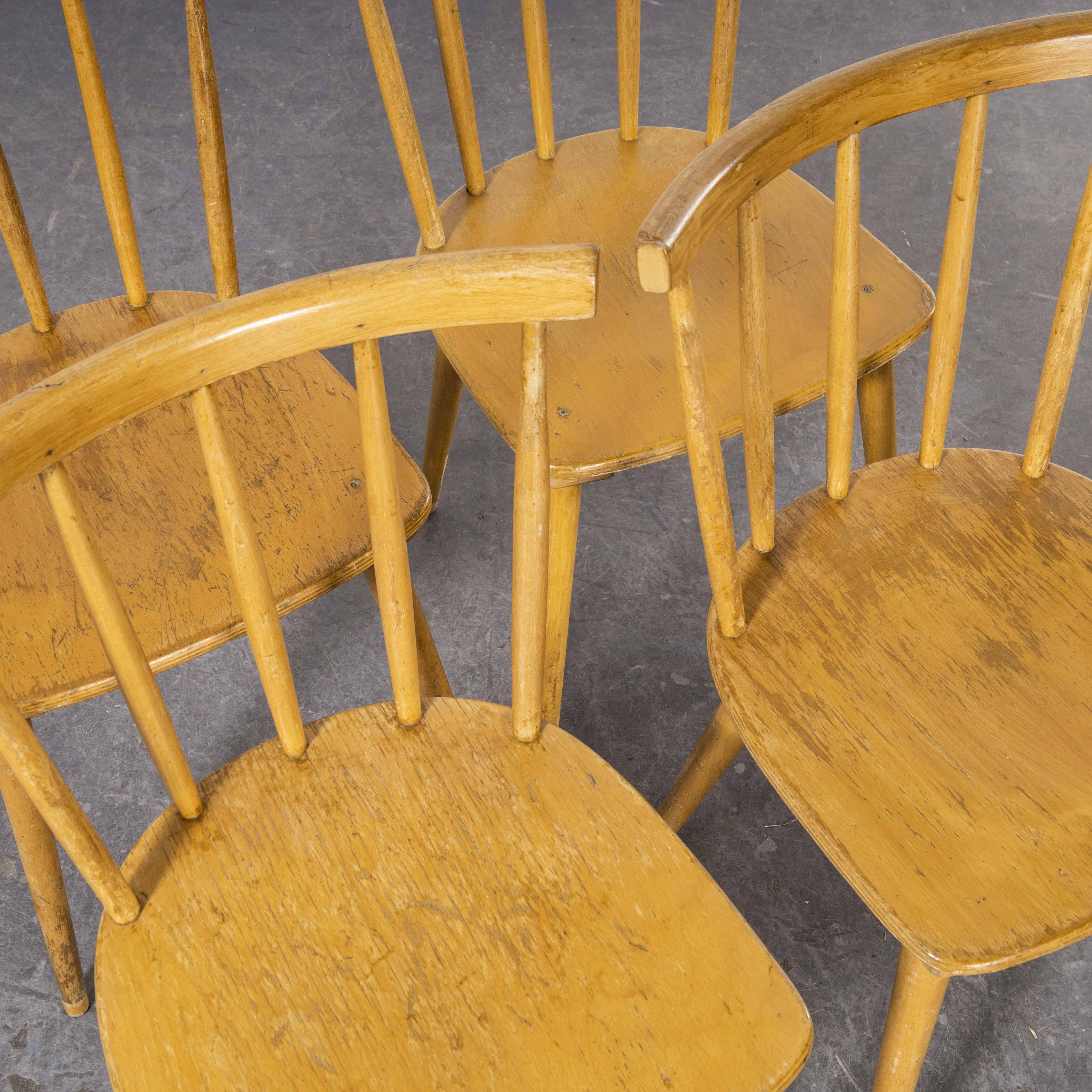 1950's French Slim Back Stick Back Dining Chairs, Set of Four For Sale 2