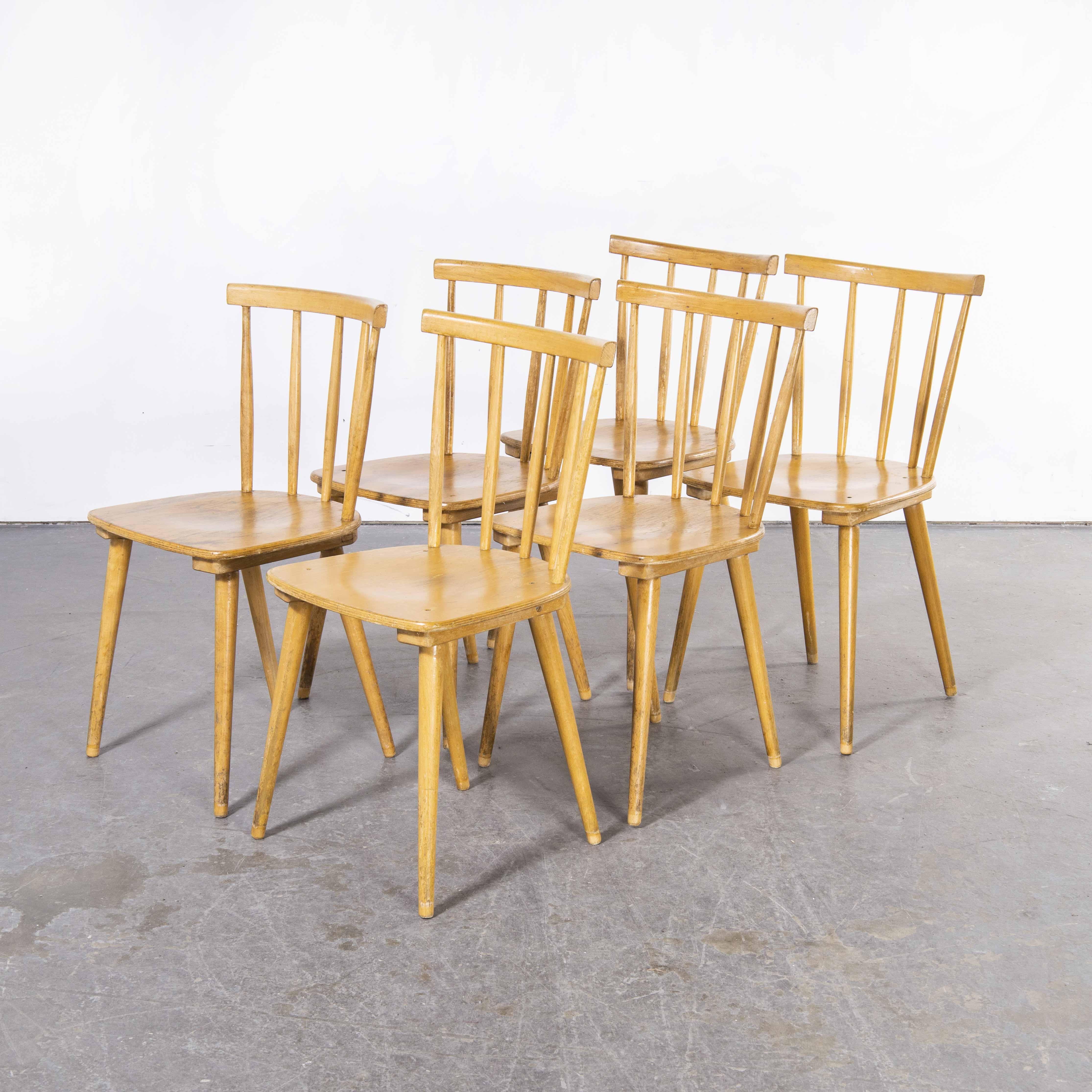 1950’s French slim back stick back dining chairs – set of six
1950’s French slim back stick back dining chairs – set of six. Classic French stick back dining chairs made in beech wood with a lovely warm colour and original character. Beautifully