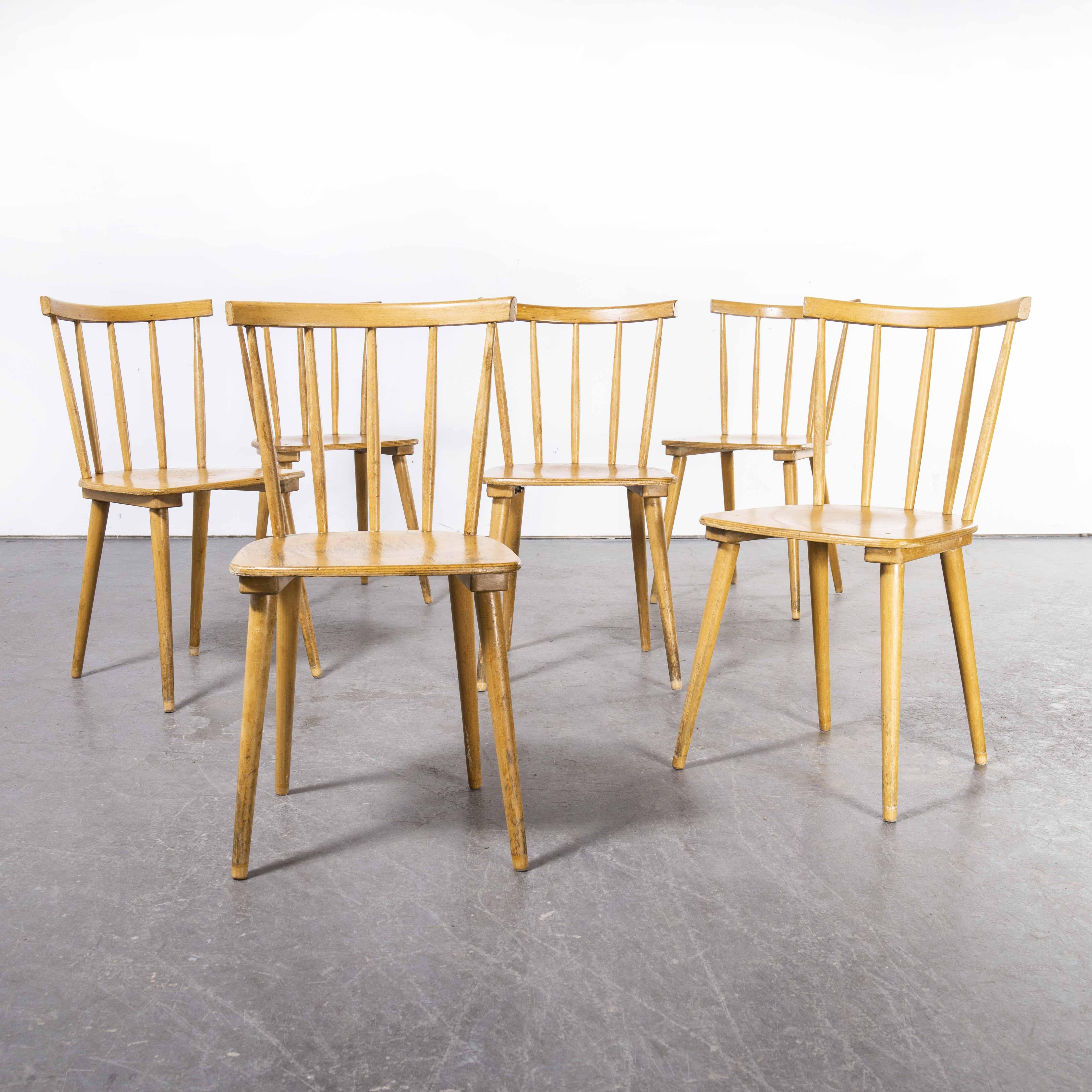 1950's French Slim Back Stick Back Dining Chairs, Set of Six For Sale 4