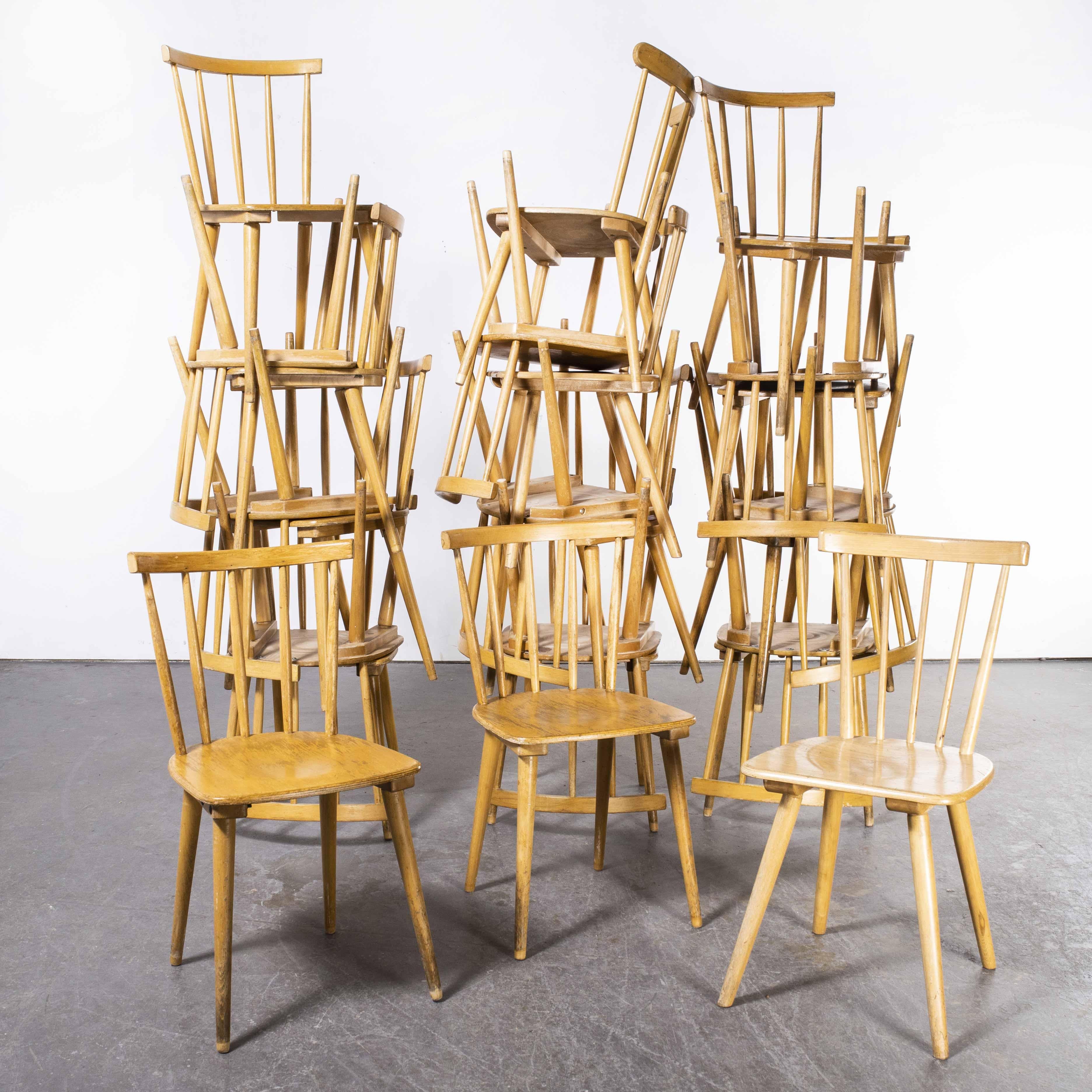 1950’s French Slim Back Stick Back dining chairs – Various Quantities Available
1950’s French Slim Back Stick Back dining chairs – Various Quantities Available. Classic French stick back dining chairs made in beech wood with a lovely warm colour