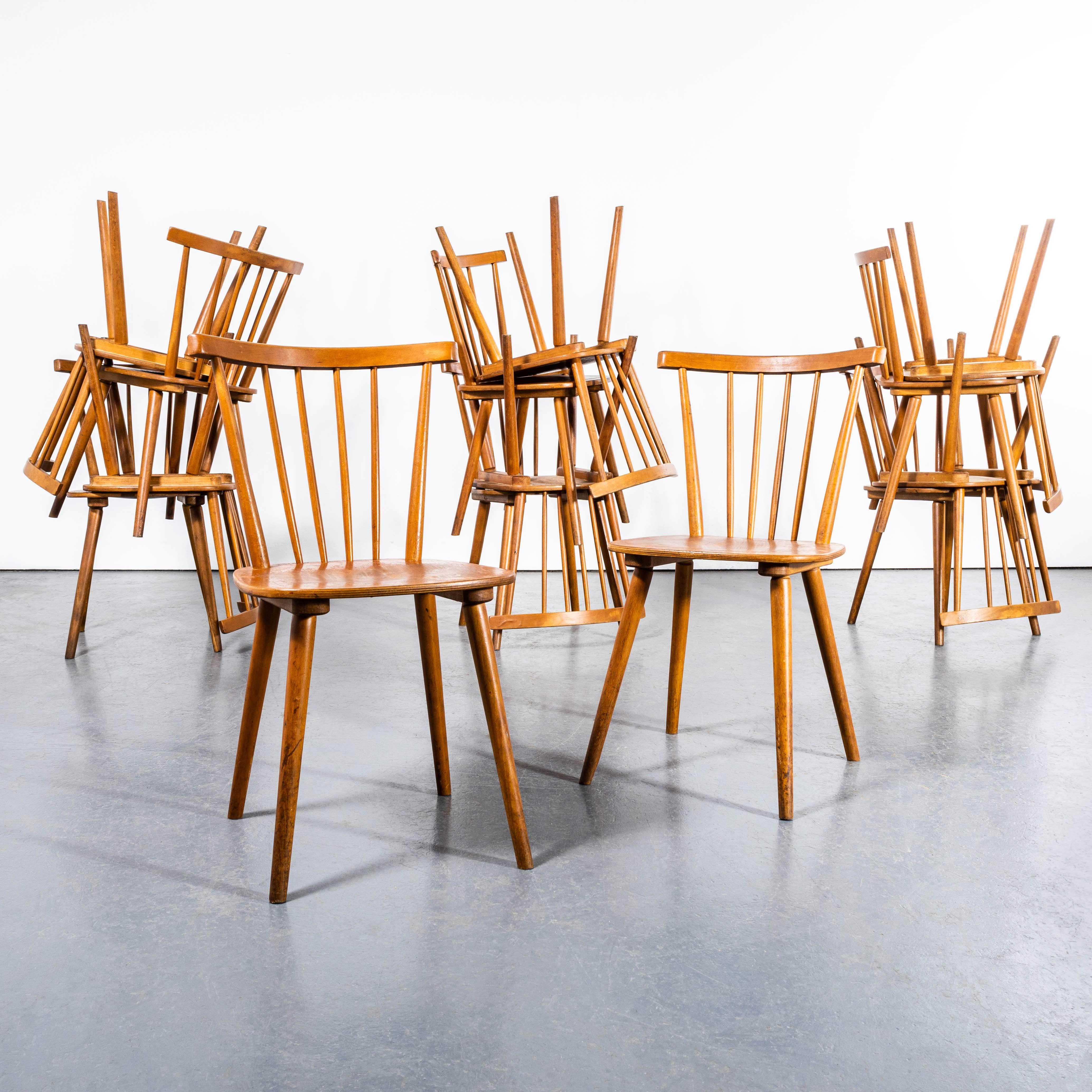 1950's French Slim Bar Stick Back Dining Chairs - Large Quantity Available. 

Classic French stick back dining chairs made in beech wood with a lovely warm colour and original character. Beautifully made and designed, they are solid and strong, we