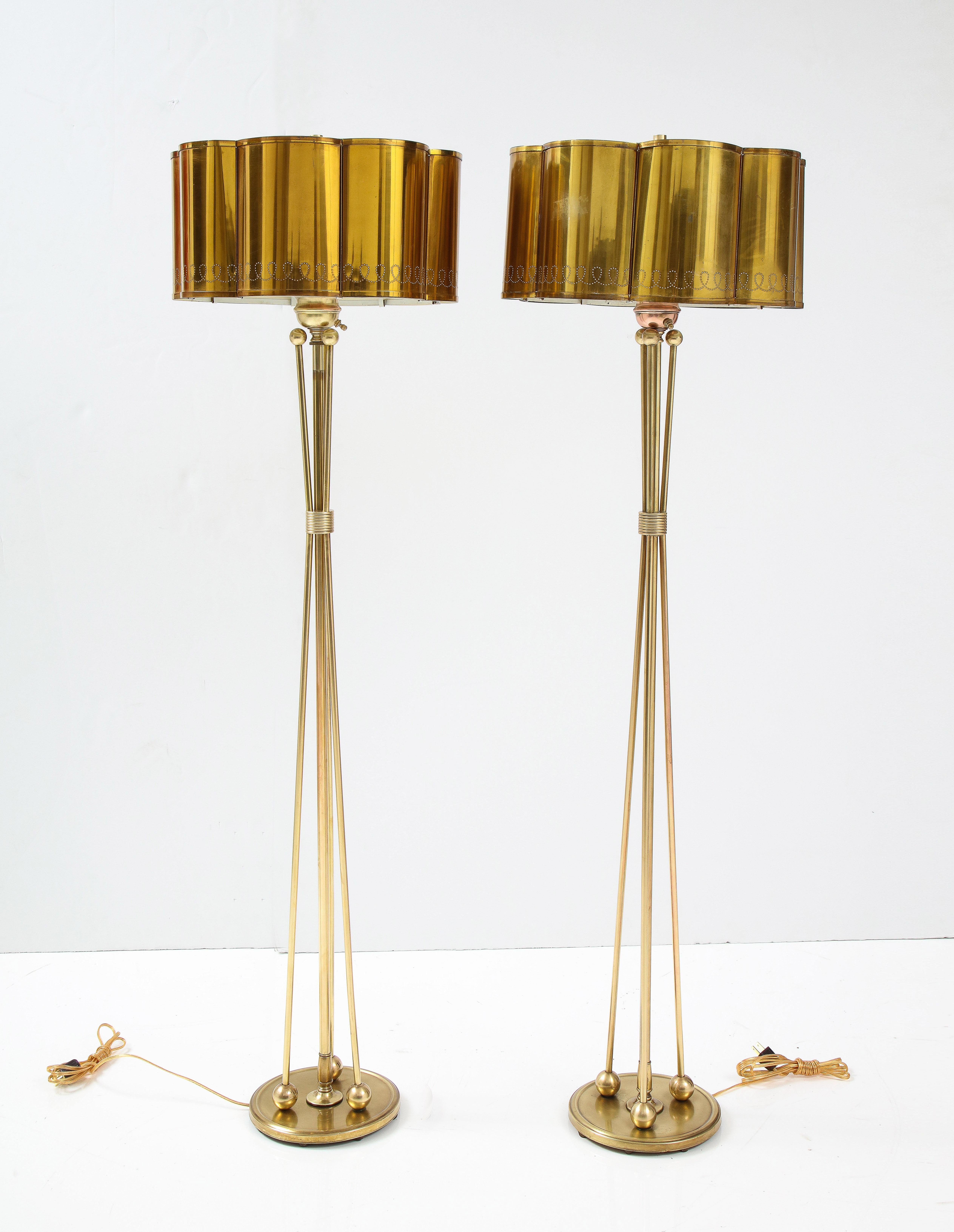 1950's French Solid Brass with Perforated Lamps Shades Tripod Floor Lamps 5
