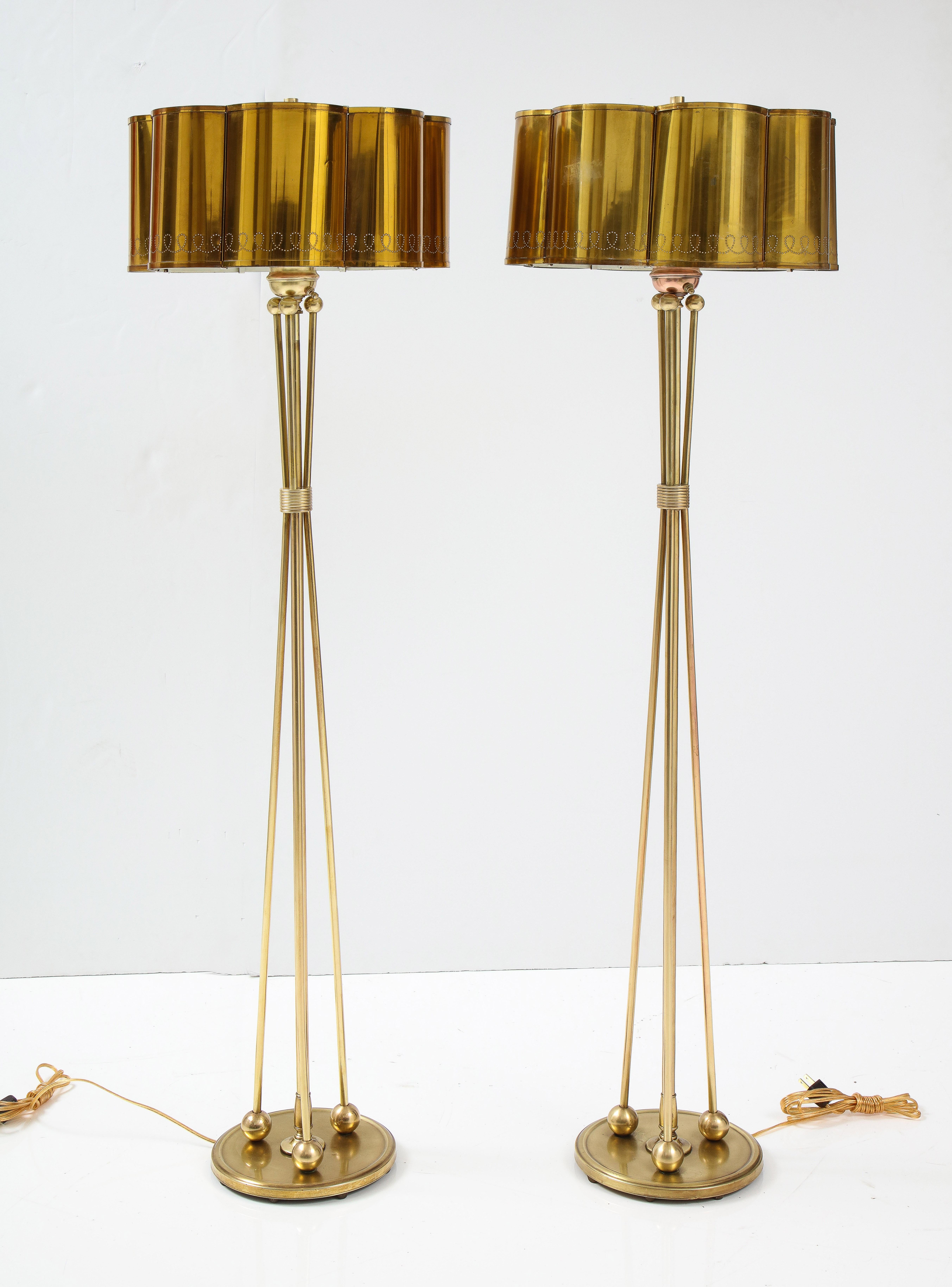 1950's French Solid Brass with Perforated Lamps Shades Tripod Floor Lamps 6