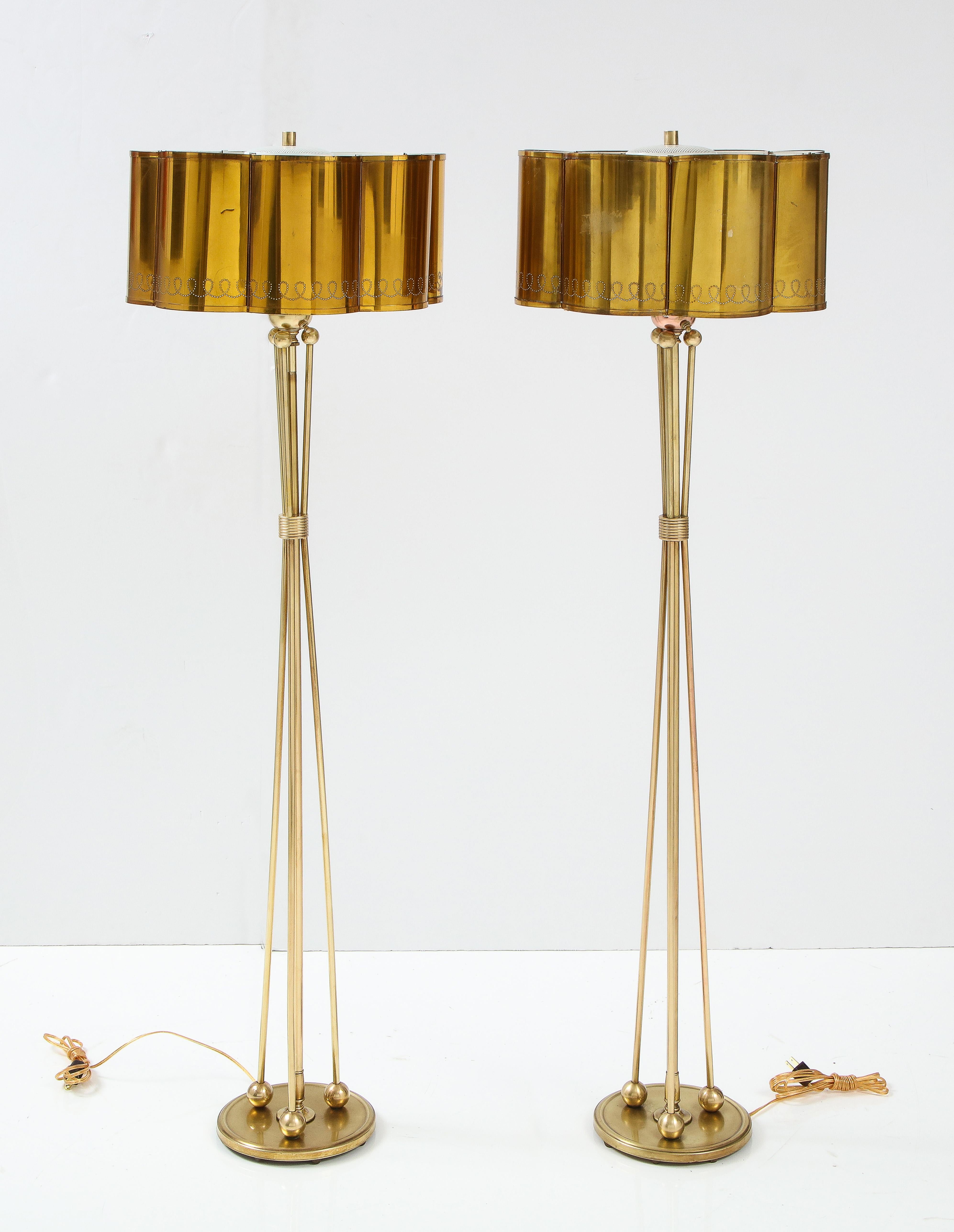 1950's French Solid Brass with Perforated Lamps Shades Tripod Floor Lamps 9