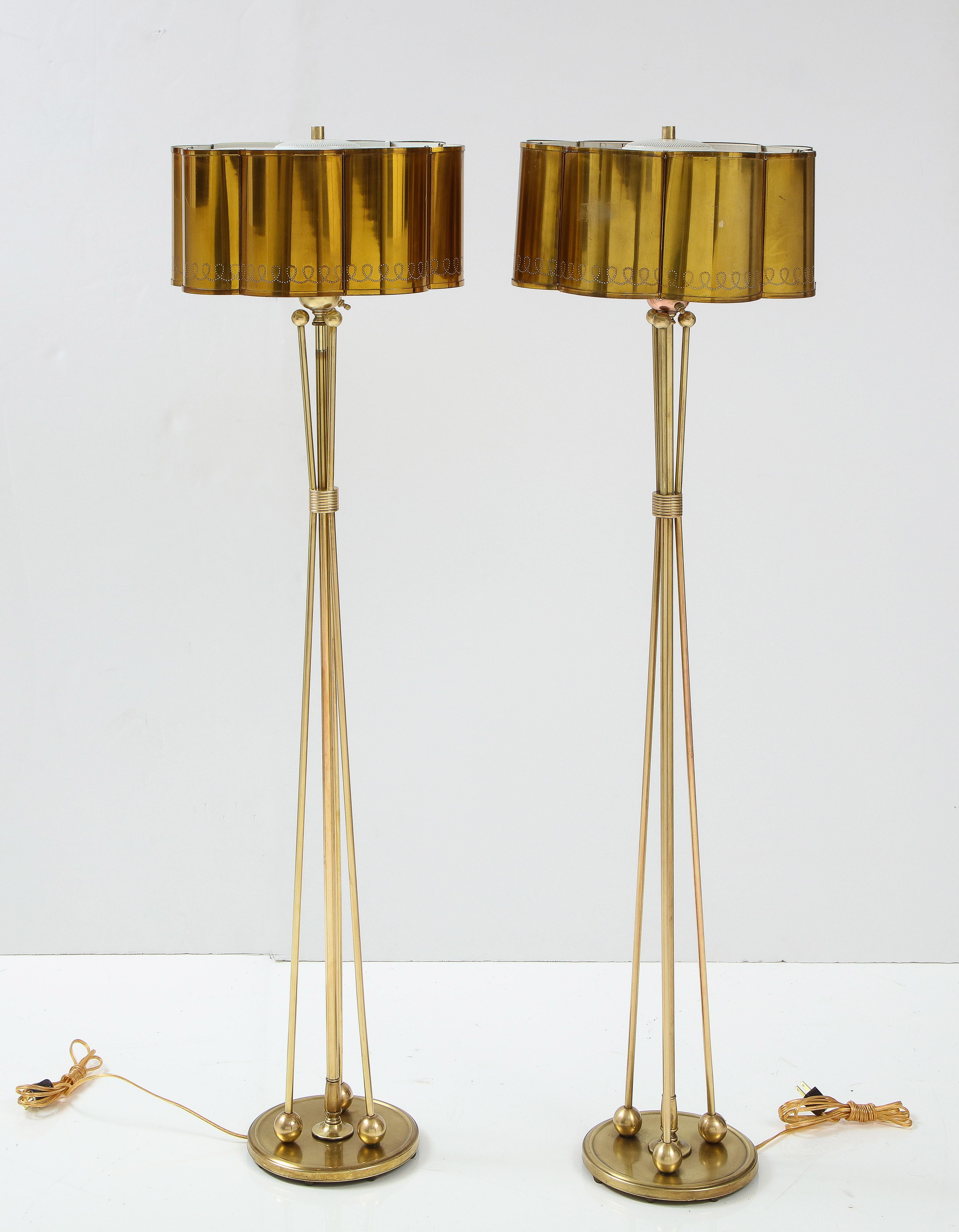 1950's French Solid Brass with Perforated Lamps Shades Tripod Floor Lamps In Good Condition In New York, NY