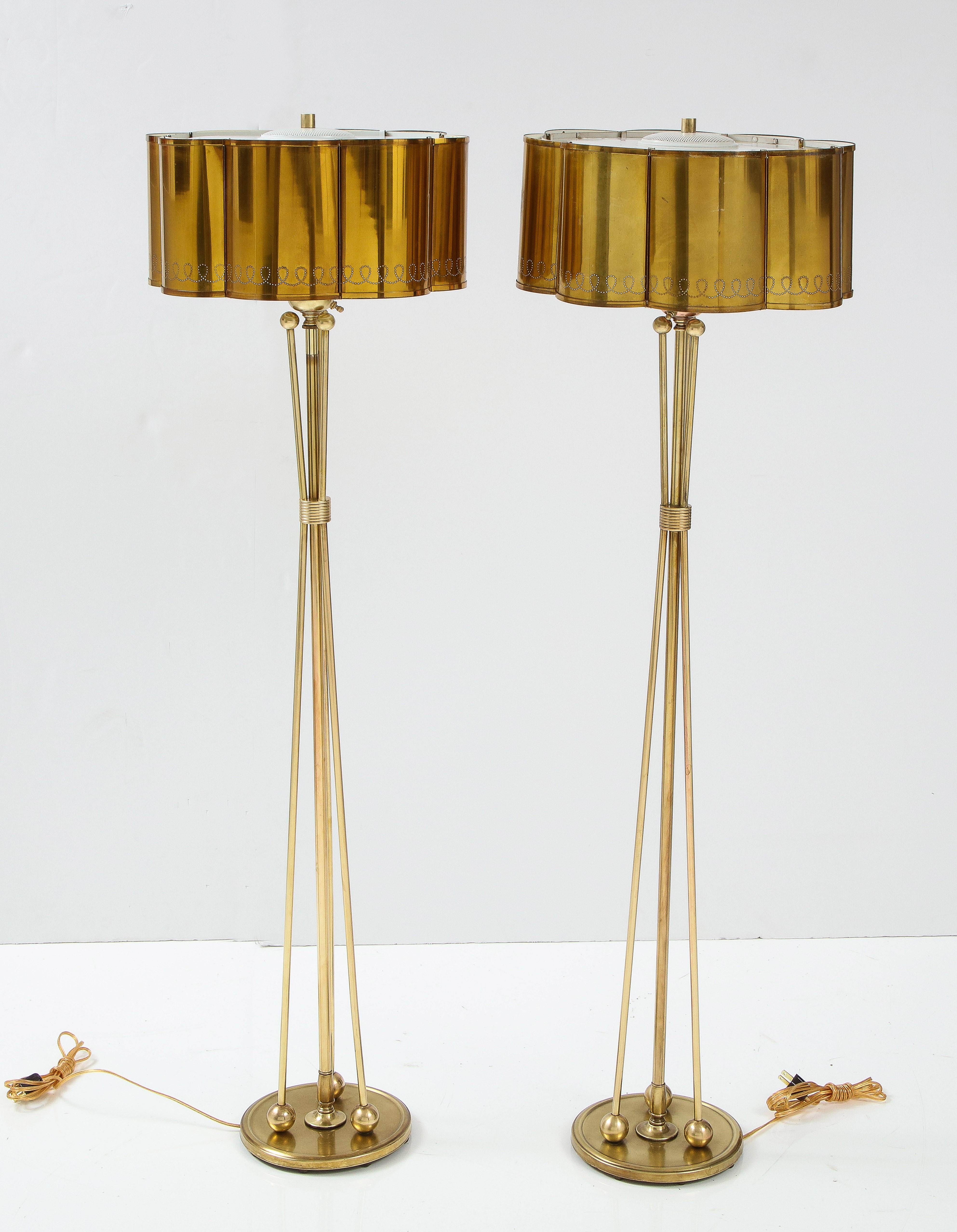 1950's French Solid Brass with Perforated Lamps Shades Tripod Floor Lamps 3