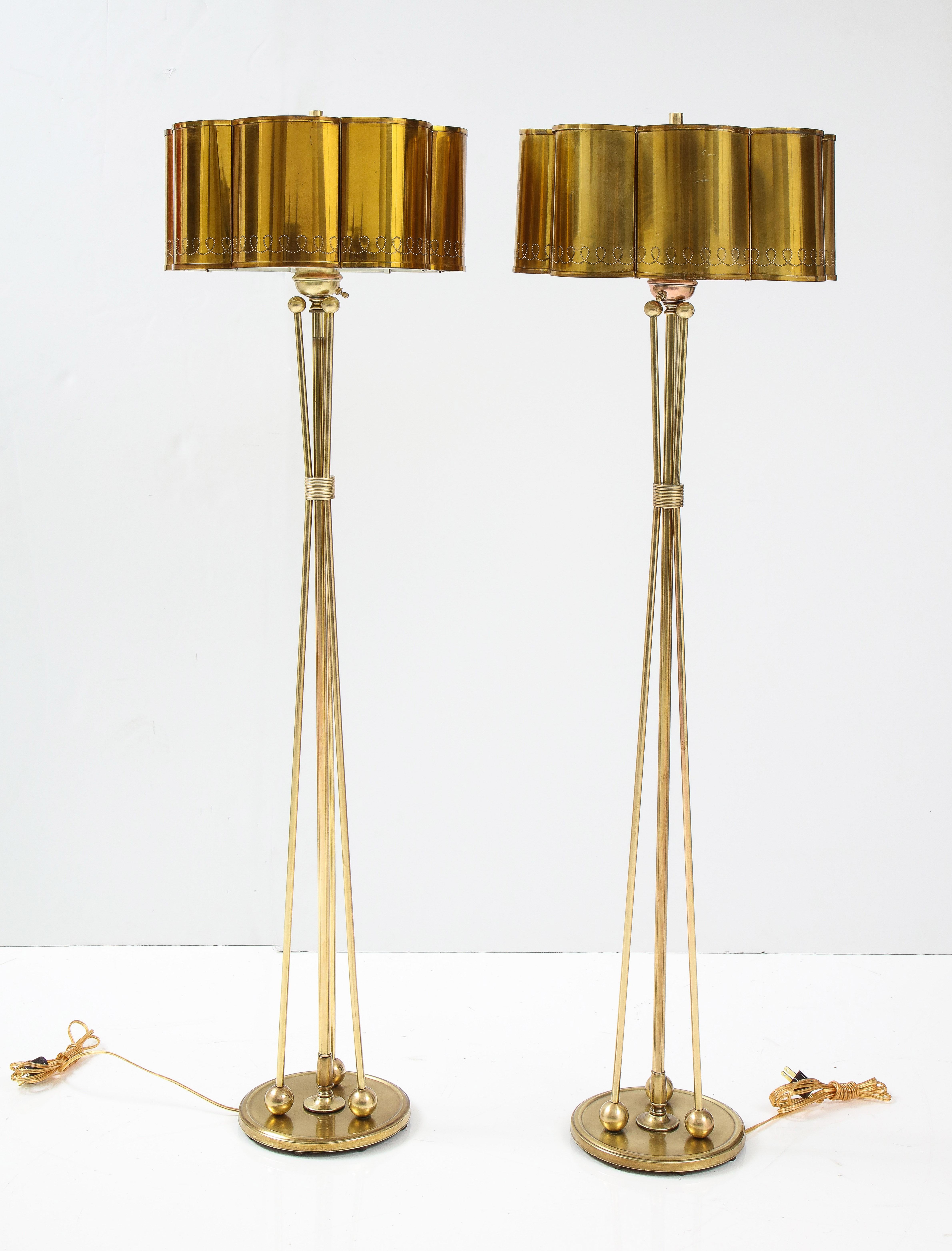 1950's French Solid Brass with Perforated Lamps Shades Tripod Floor Lamps 4